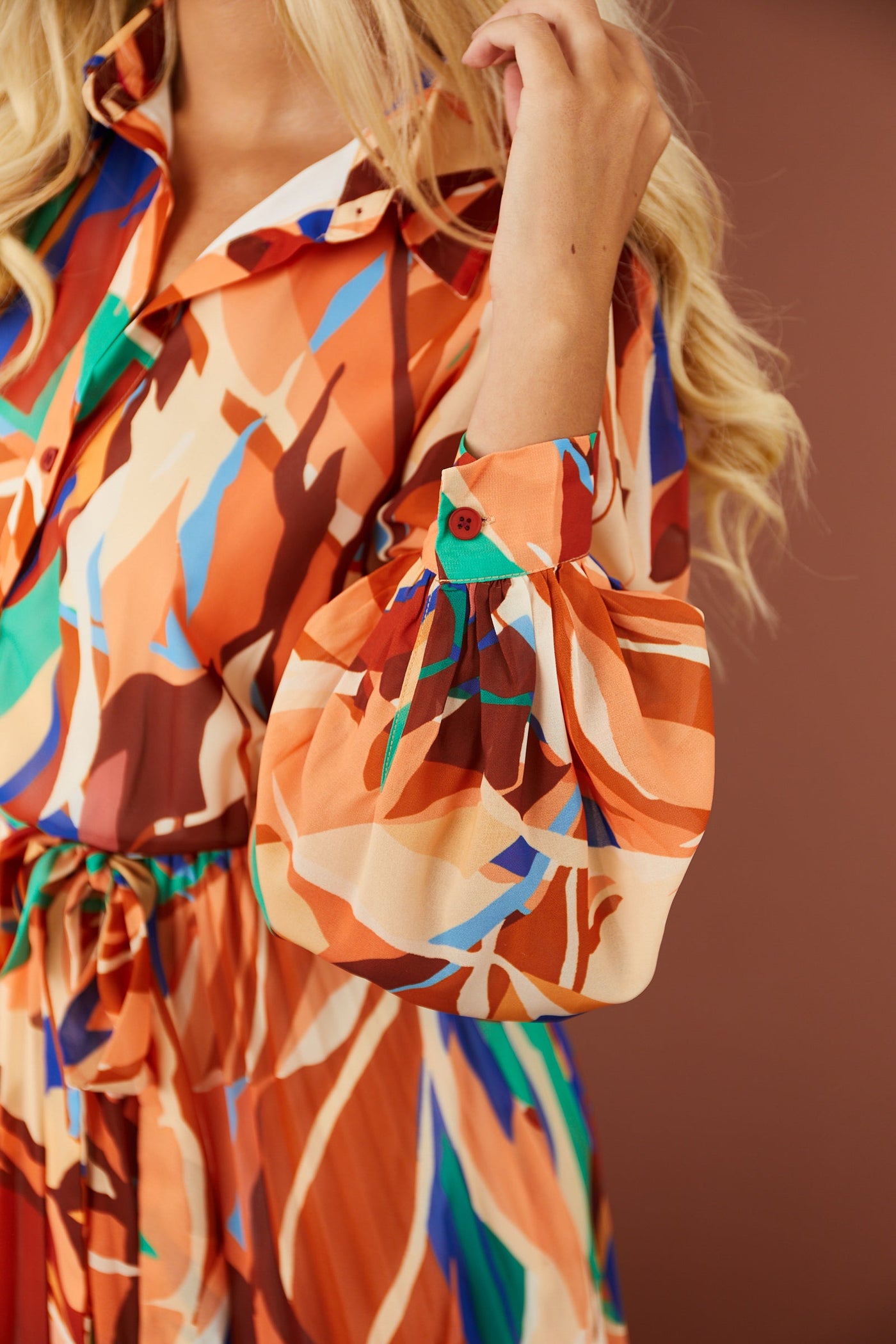 Cream and Melon Abstract Print Midi Dress