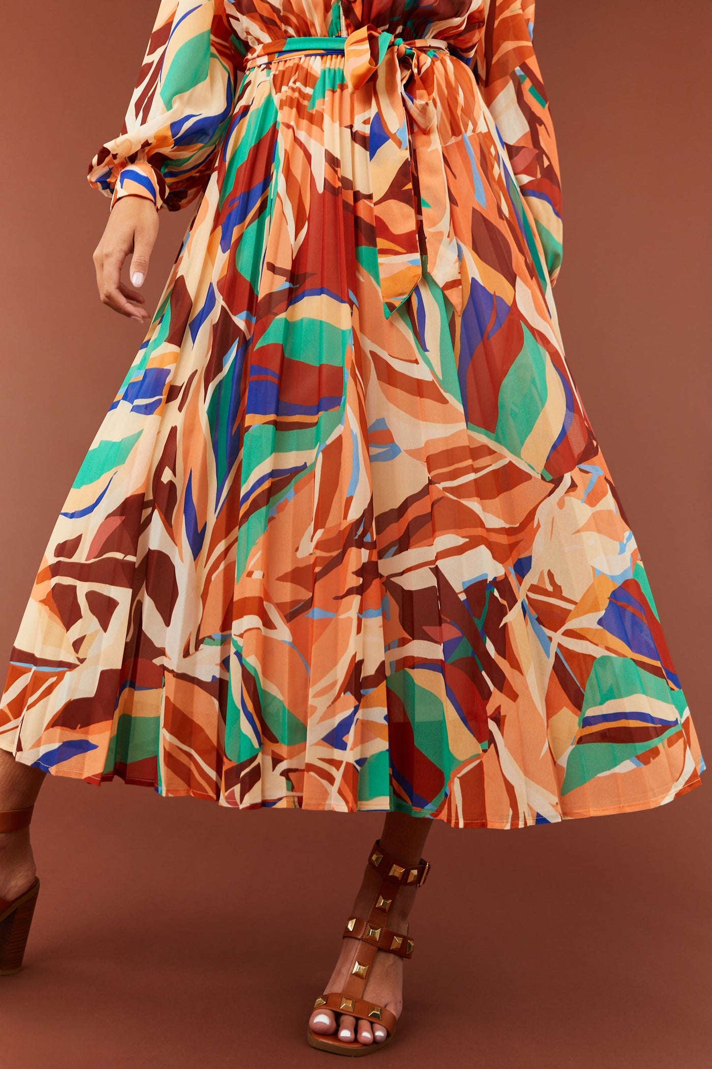 Cream and Melon Abstract Print Midi Dress