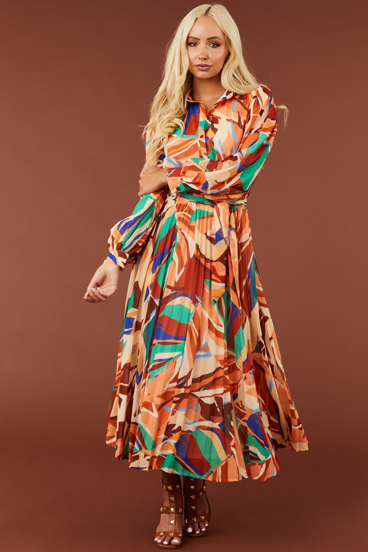 Cream and Melon Abstract Print Midi Dress