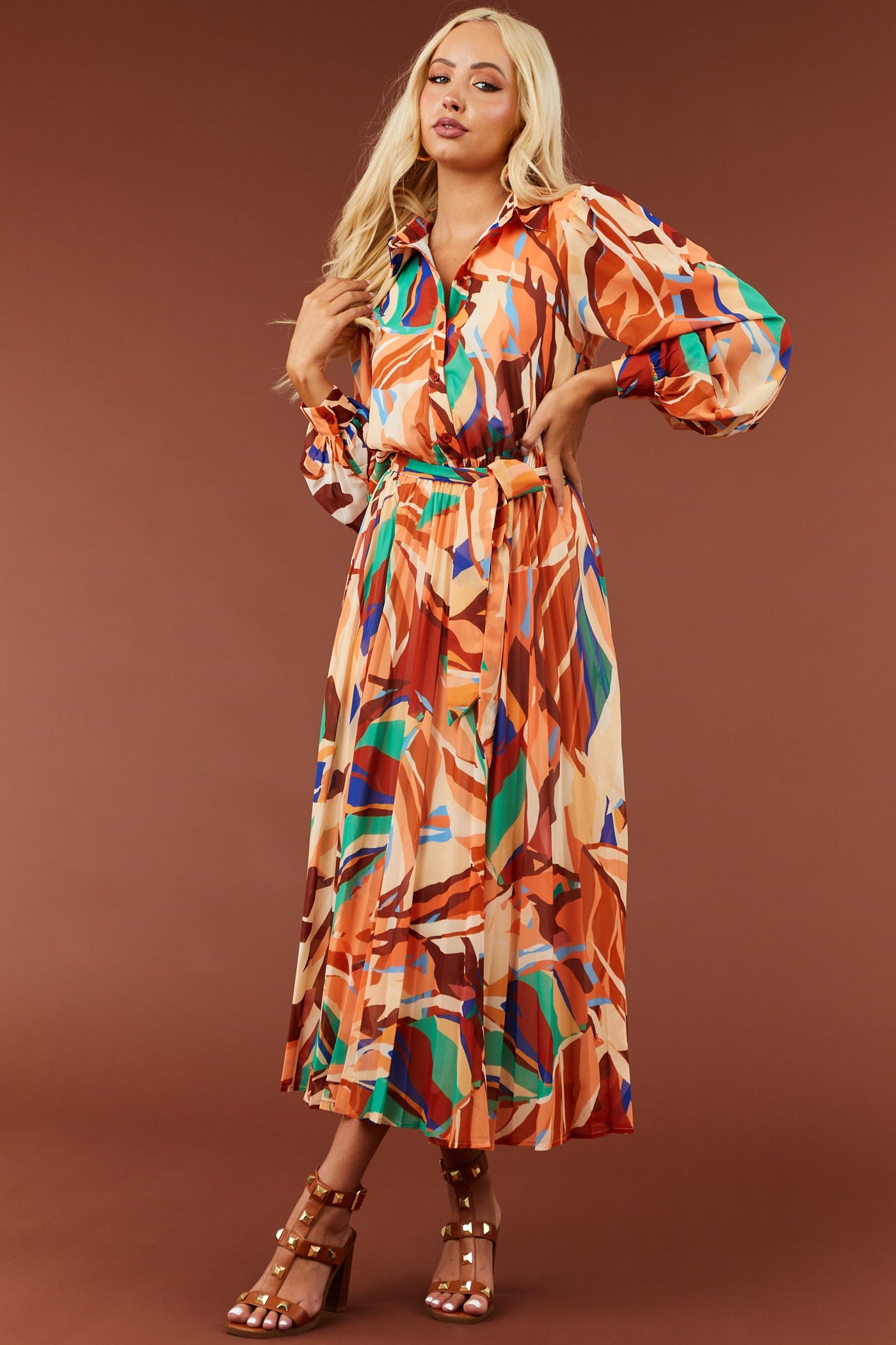 Cream and Melon Abstract Print Midi Dress