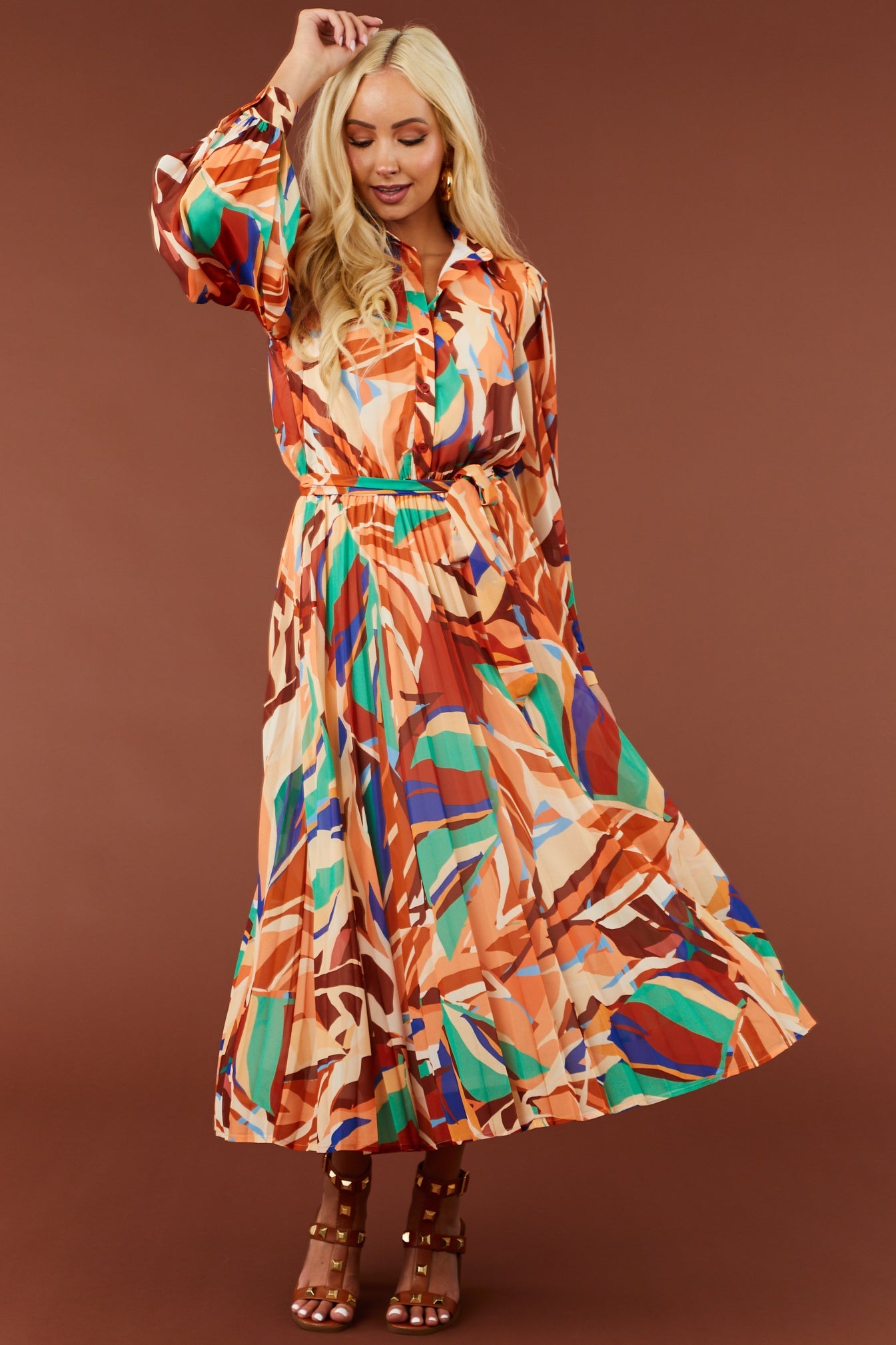 Cream and Melon Abstract Print Midi Dress