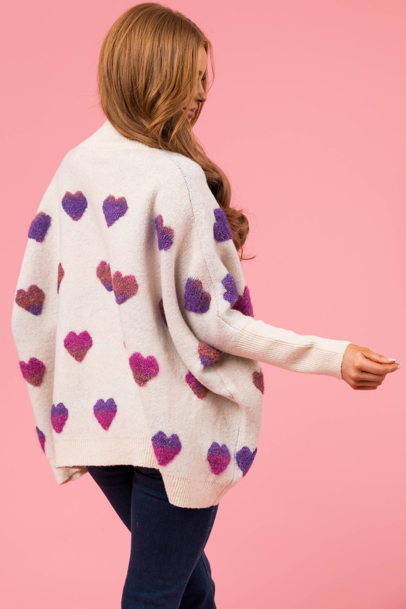 Cream and Orchid Heart Print Oversized Cardigan