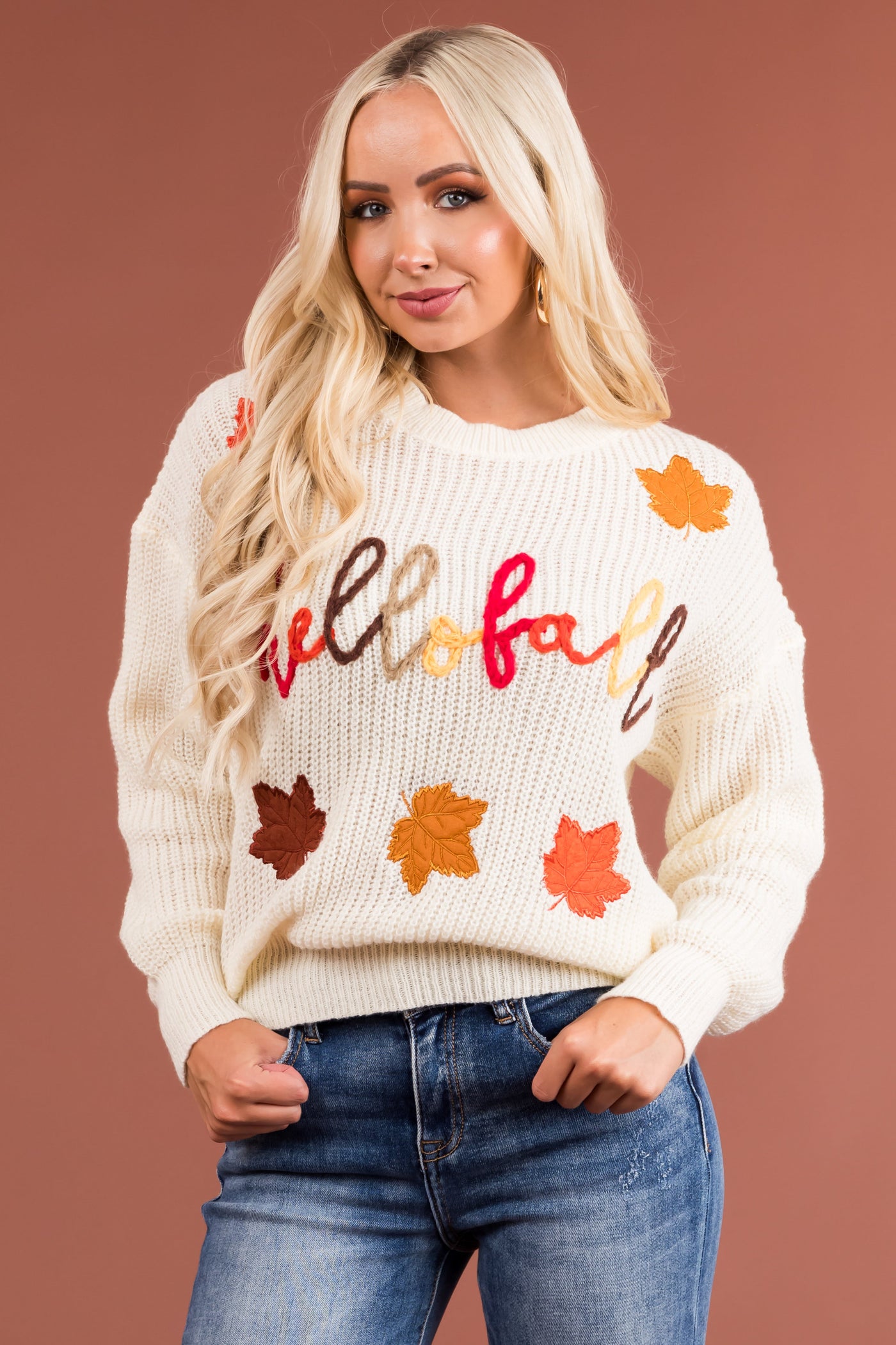 Cream 'hello fall' Yarn Stitch Knit Sweater