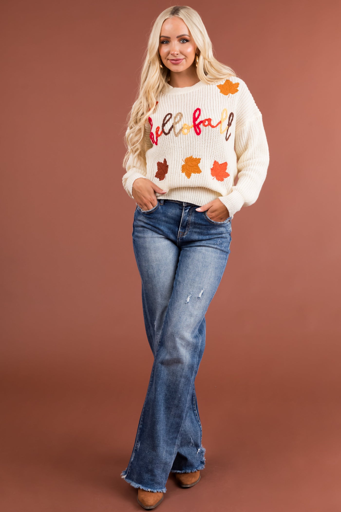 Cream 'hello fall' Yarn Stitch Knit Sweater