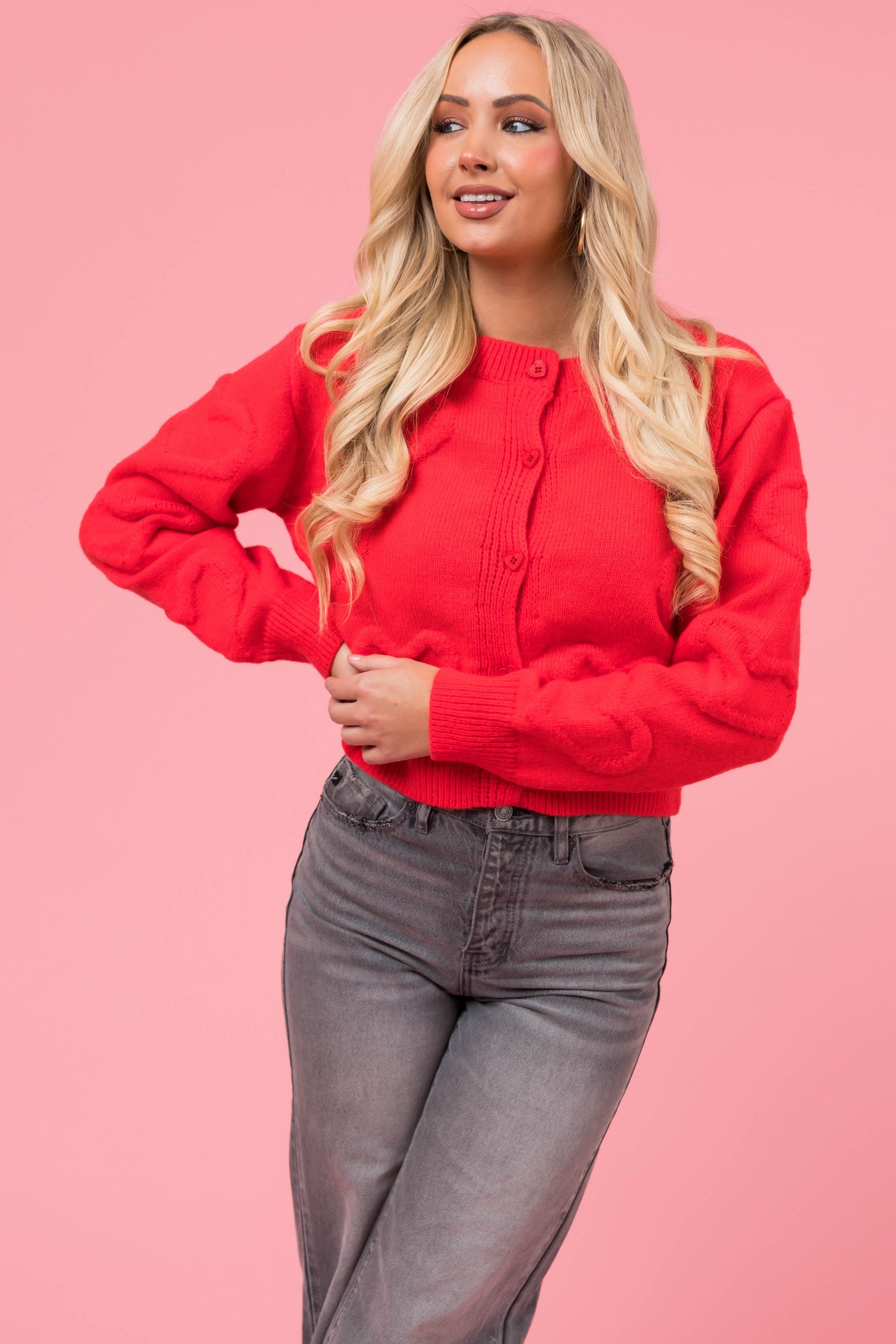 Crimson Textured Heart Button Up Cardigan