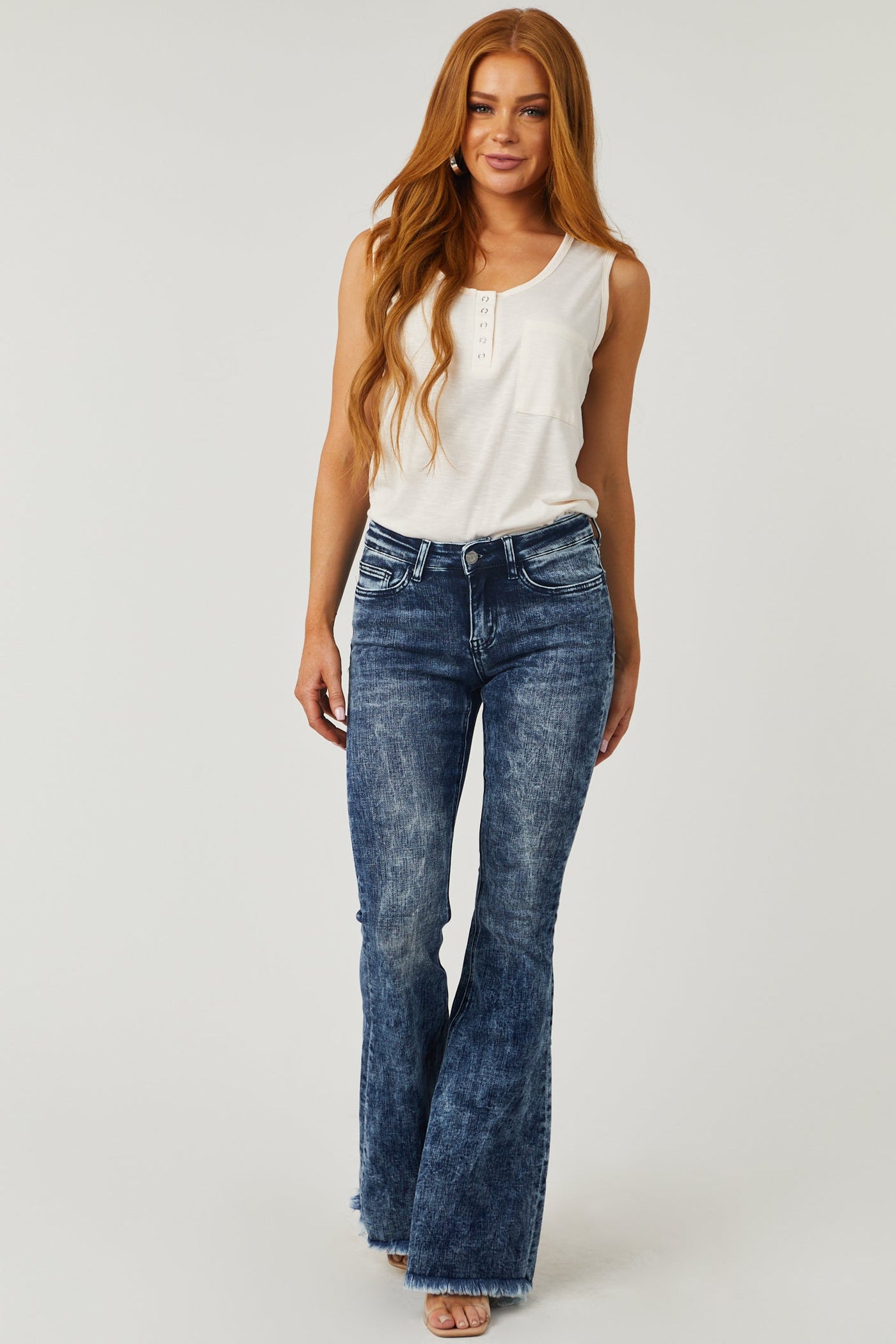 Dark Acid Wash Mid Rise Flare Jeans