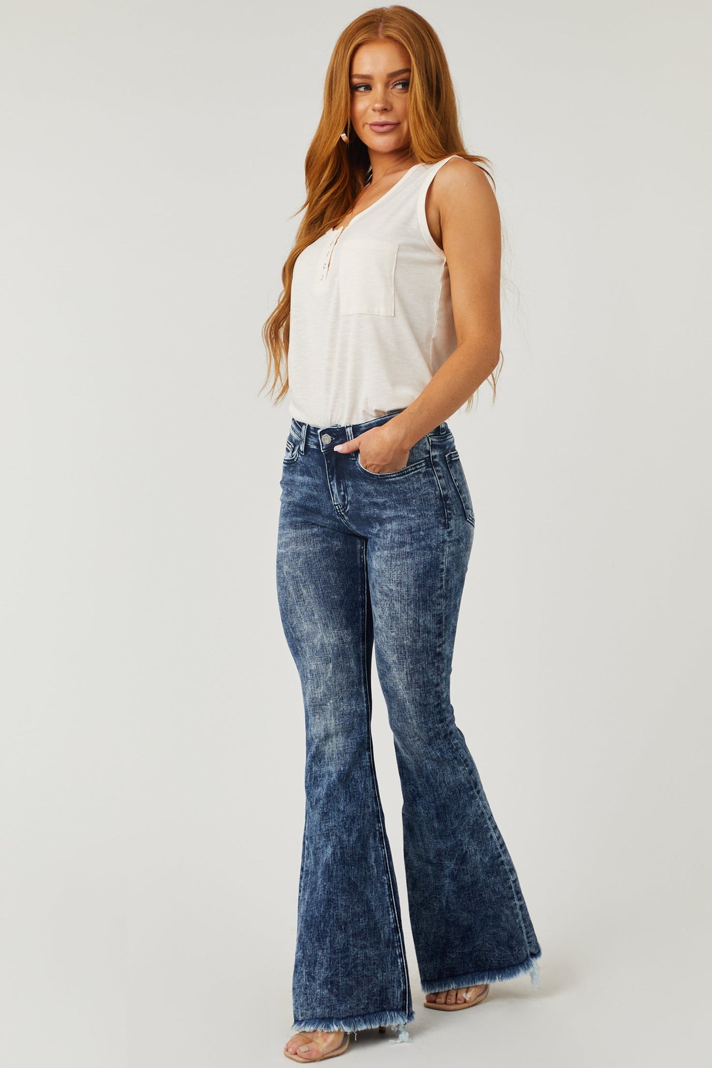 Dark Acid Wash Mid Rise Flare Jeans