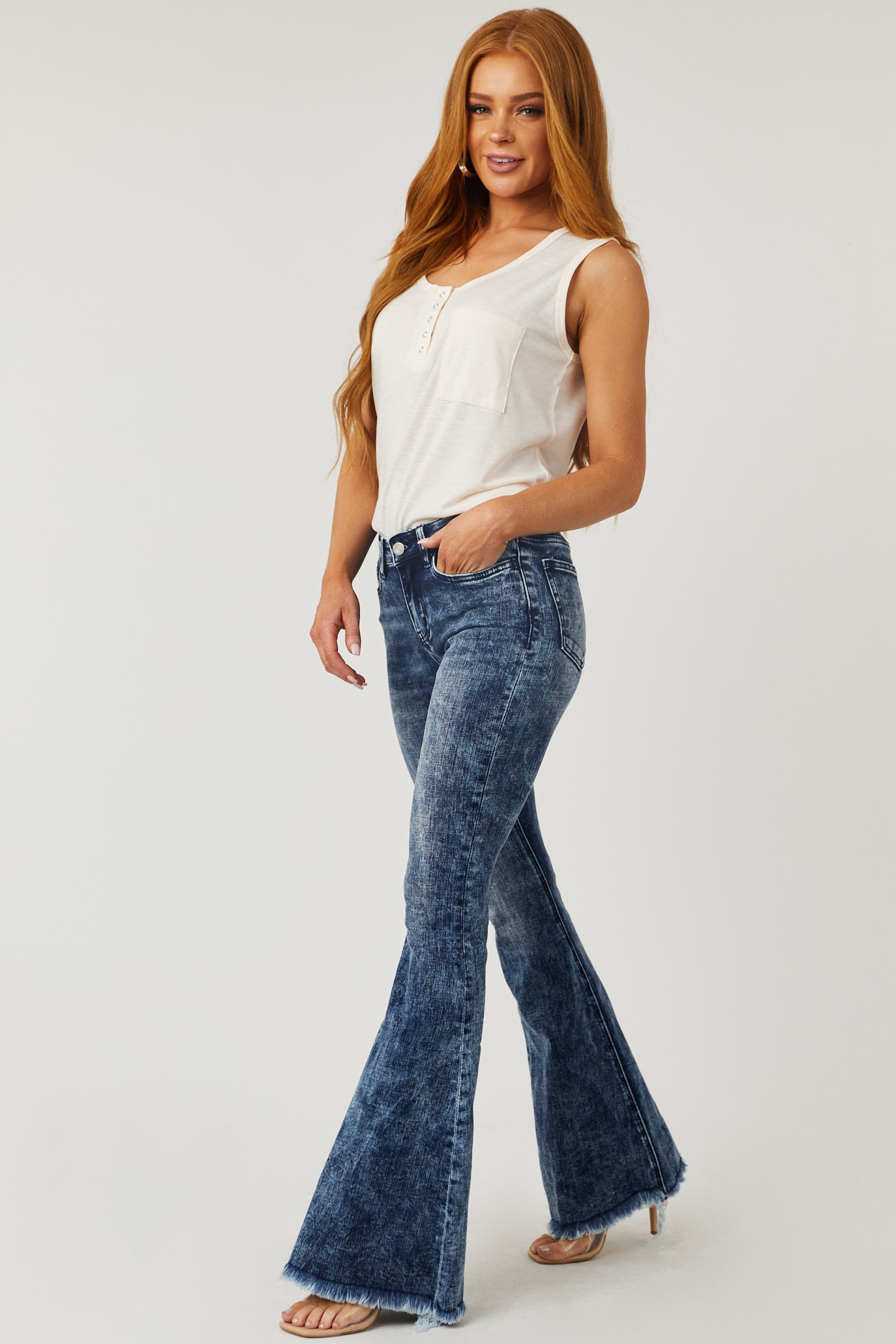 Dark Acid Wash Mid Rise Flare Jeans
