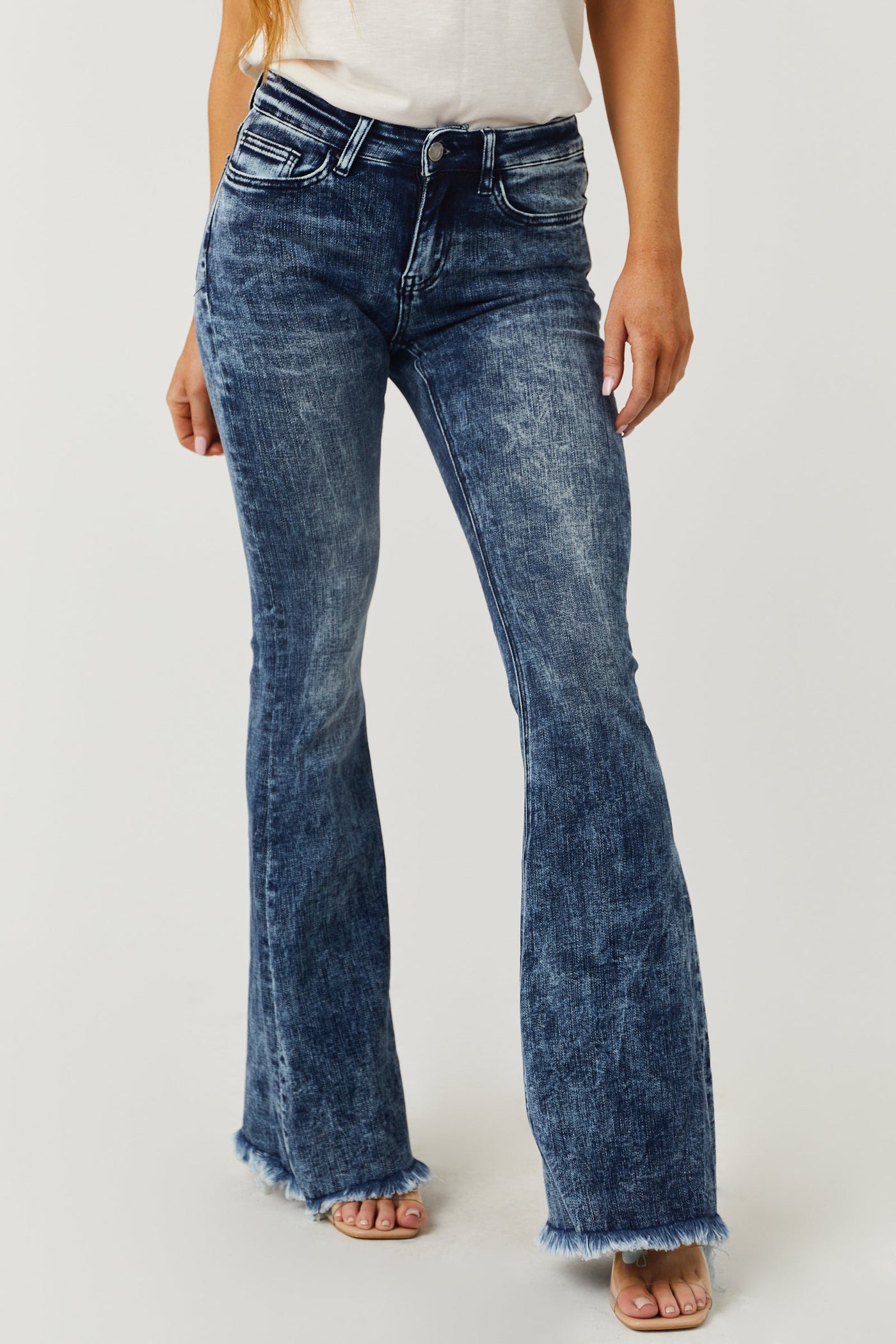Dark Acid Wash Mid Rise Flare Jeans