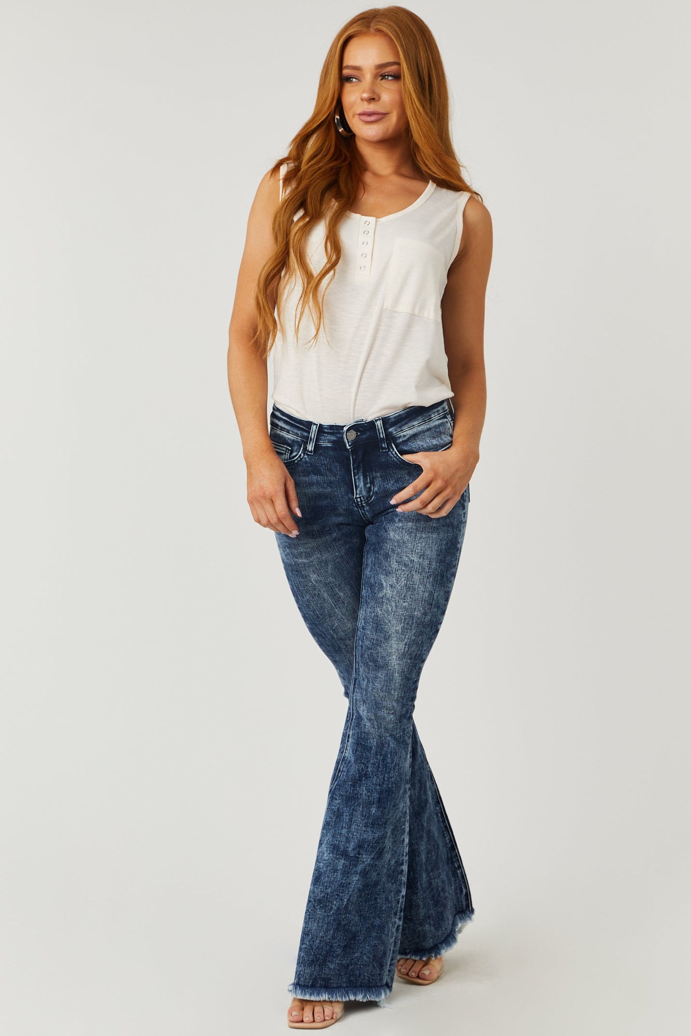 Dark Acid Wash Mid Rise Flare Jeans