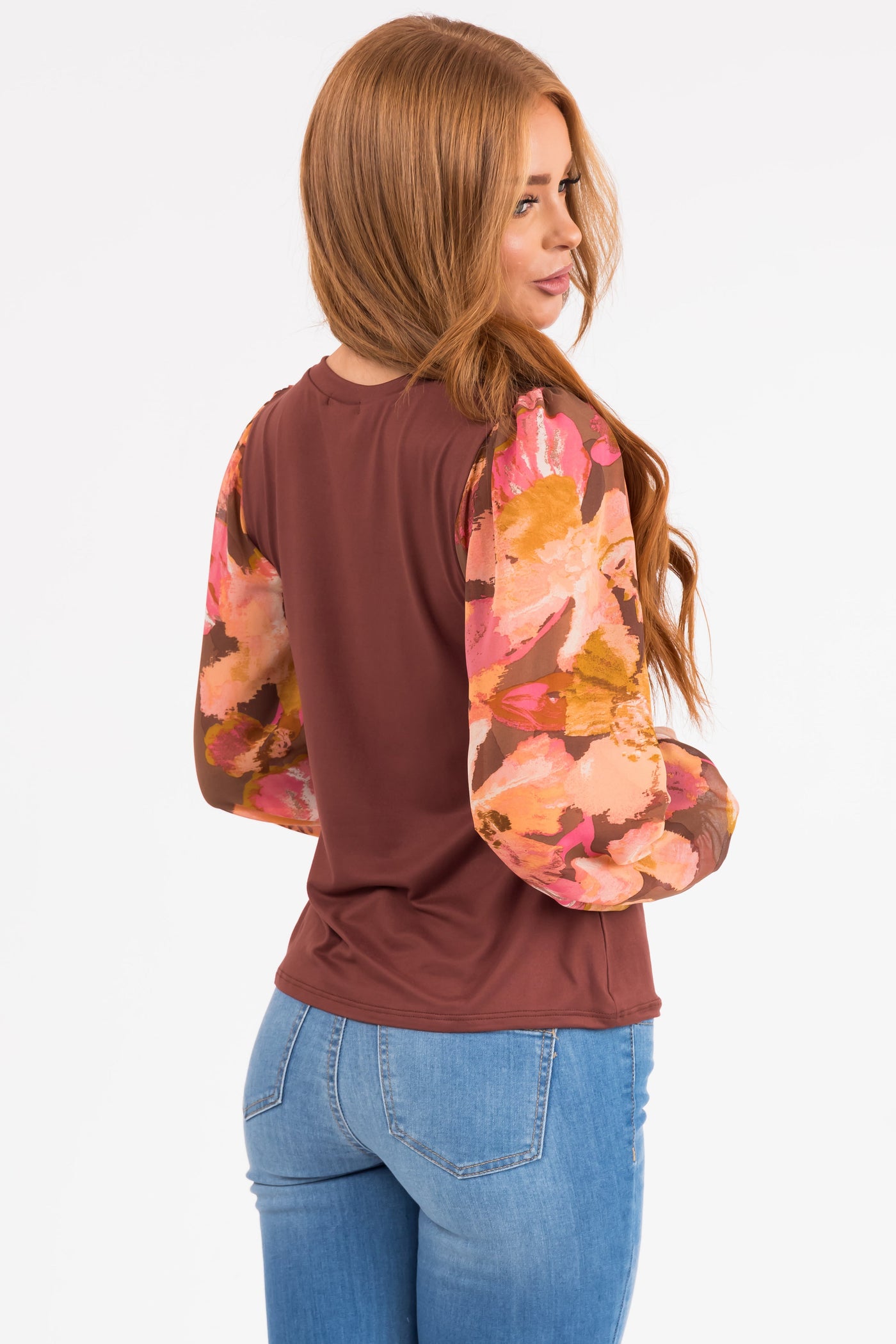 Dark Chestnut Soft Long Floral Sleeve Knit Top