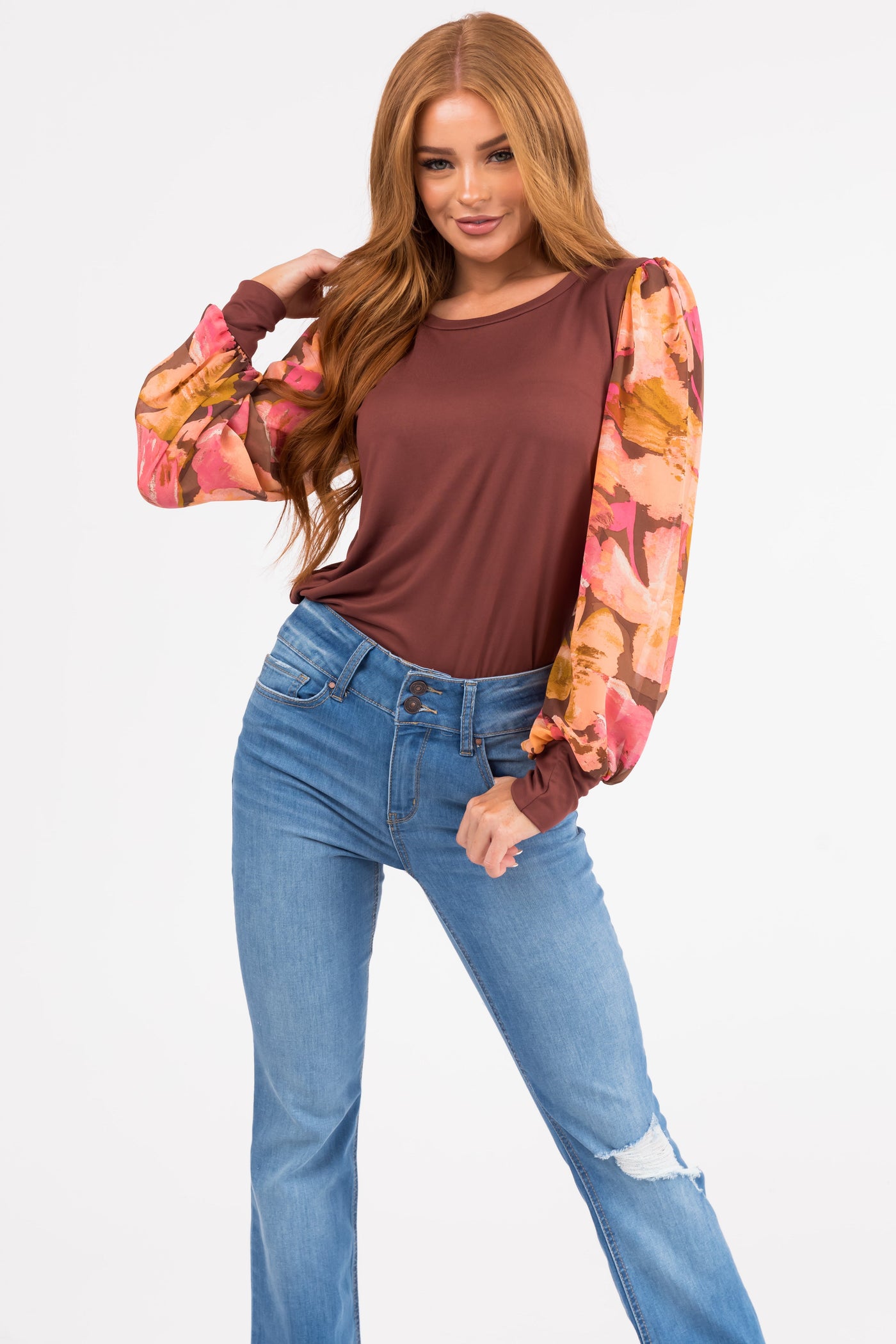 Dark Chestnut Soft Long Floral Sleeve Knit Top