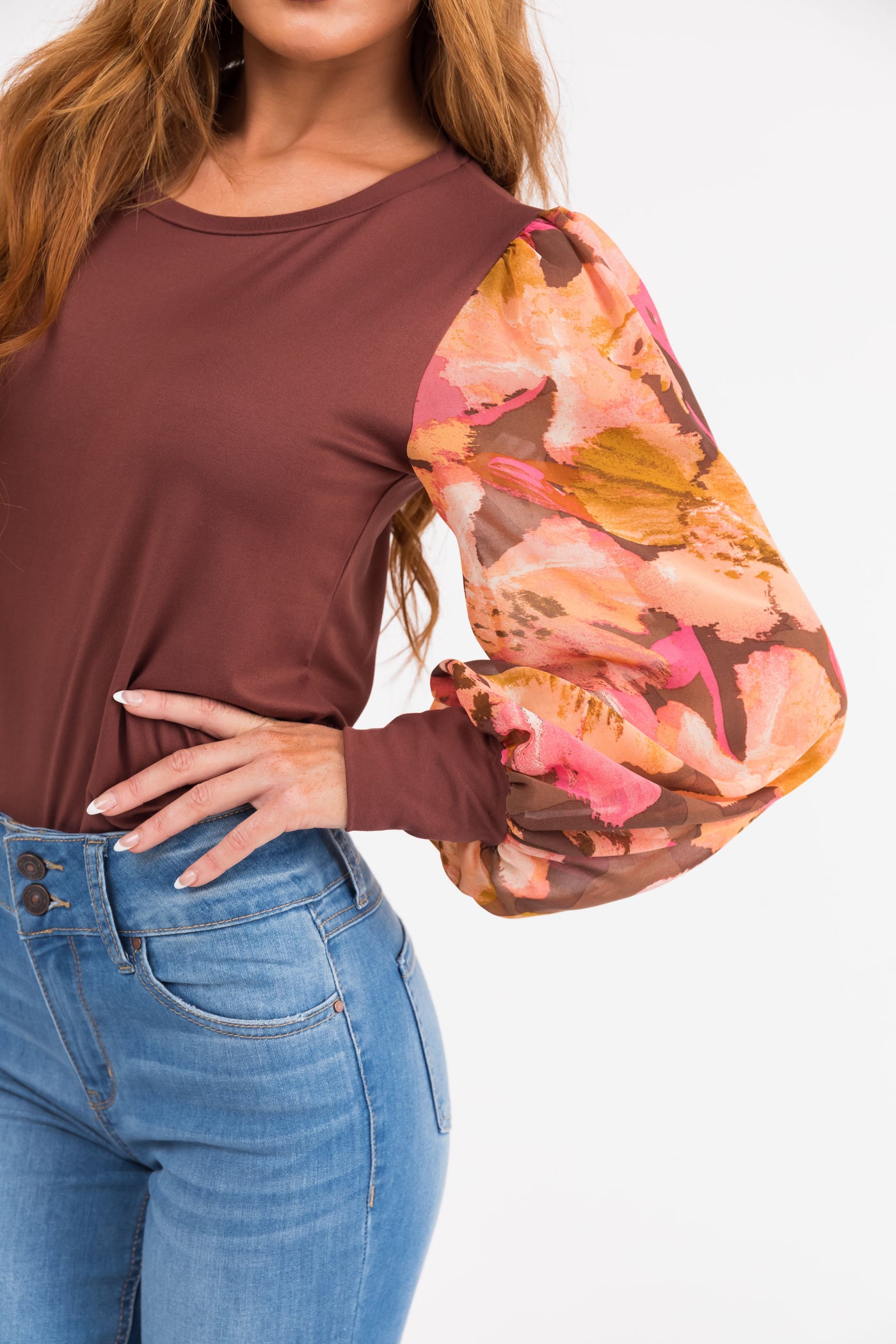 Dark Chestnut Soft Long Floral Sleeve Knit Top