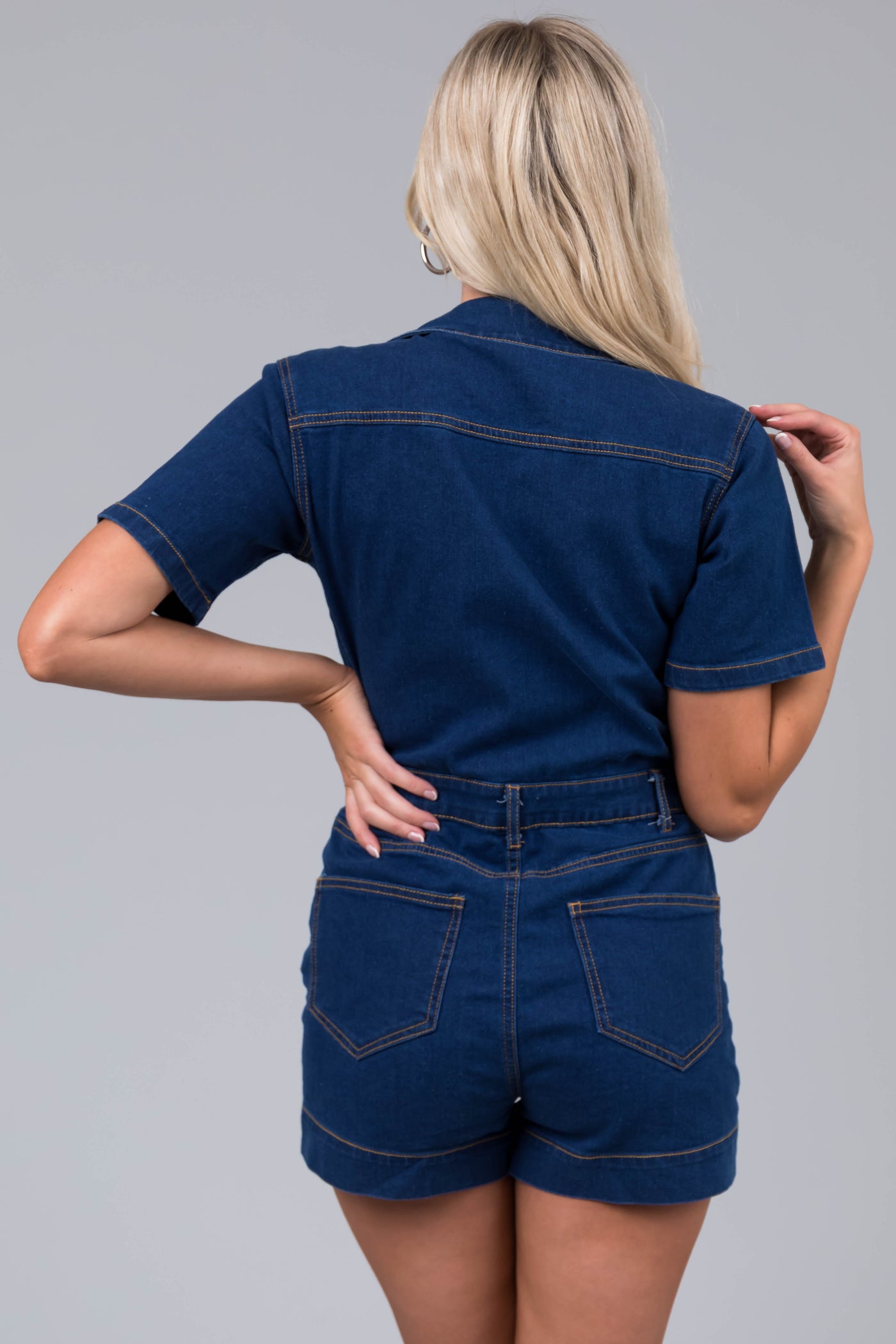 Dark Denim Deep V Short Sleeve Romper