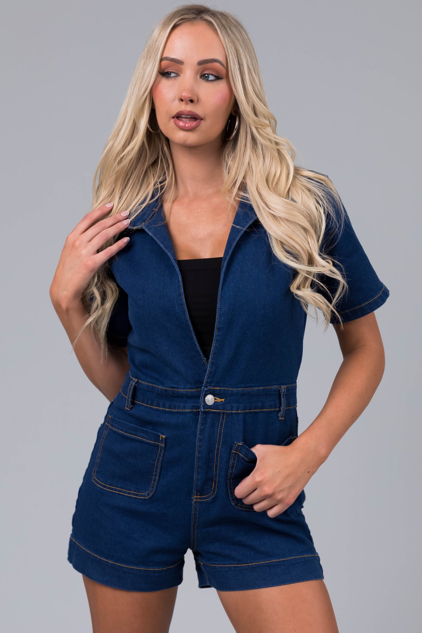 Dark Denim Deep V Short Sleeve Romper