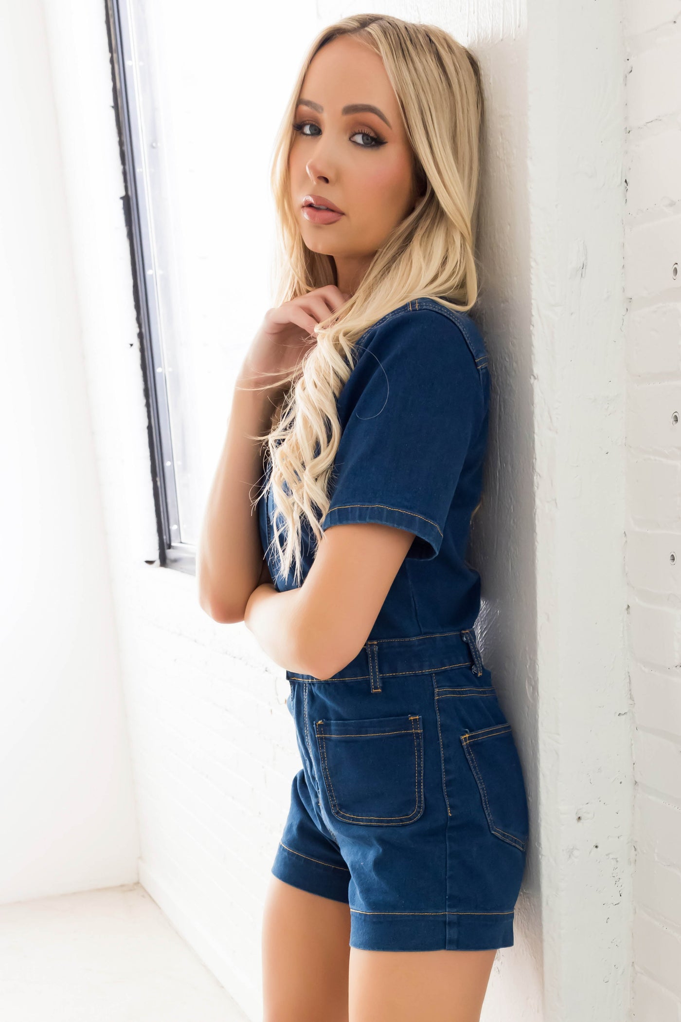 Dark Denim Deep V Short Sleeve Romper