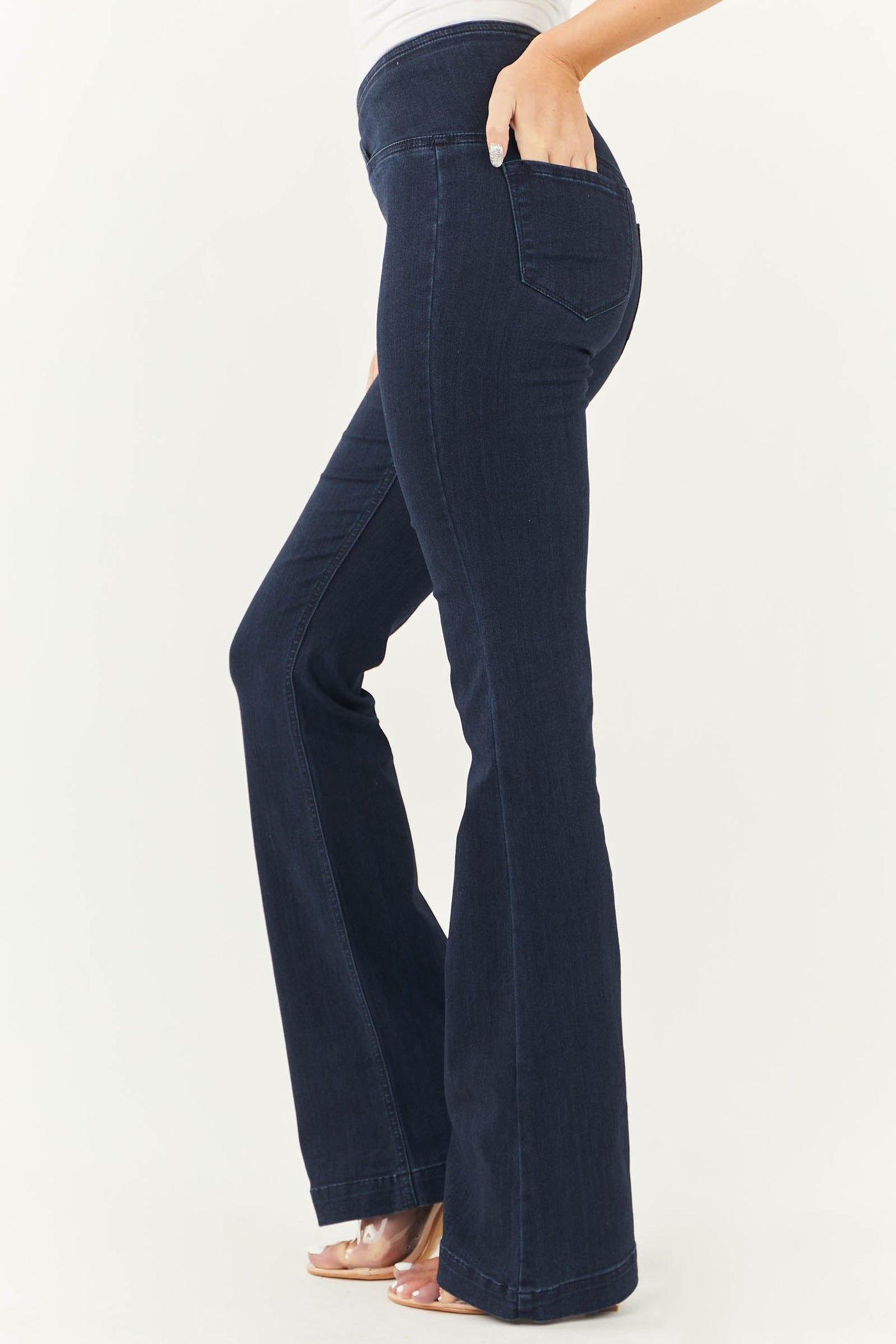 Dark Denim High Rise Overlap Waist Flare Jeggings