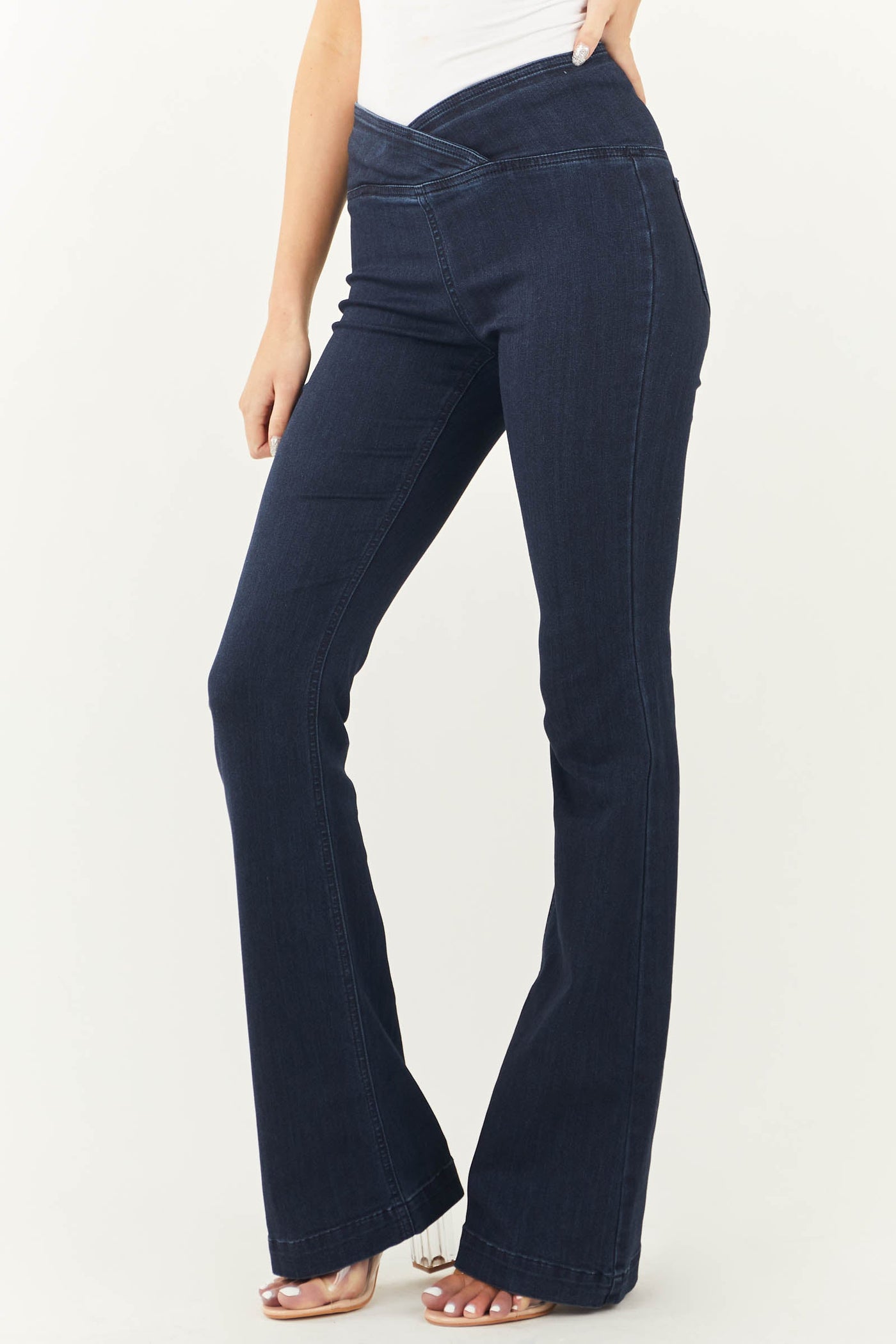 Dark Denim High Rise Overlap Waist Flare Jeggings