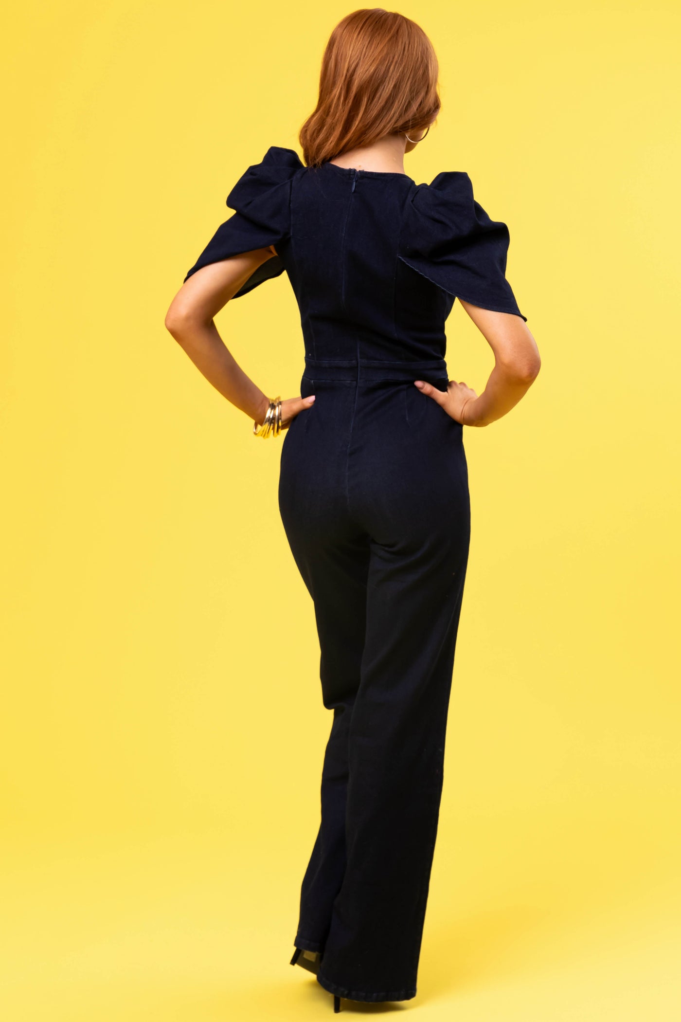 Dark Denim Jumpsuit with Shell Sleeves
