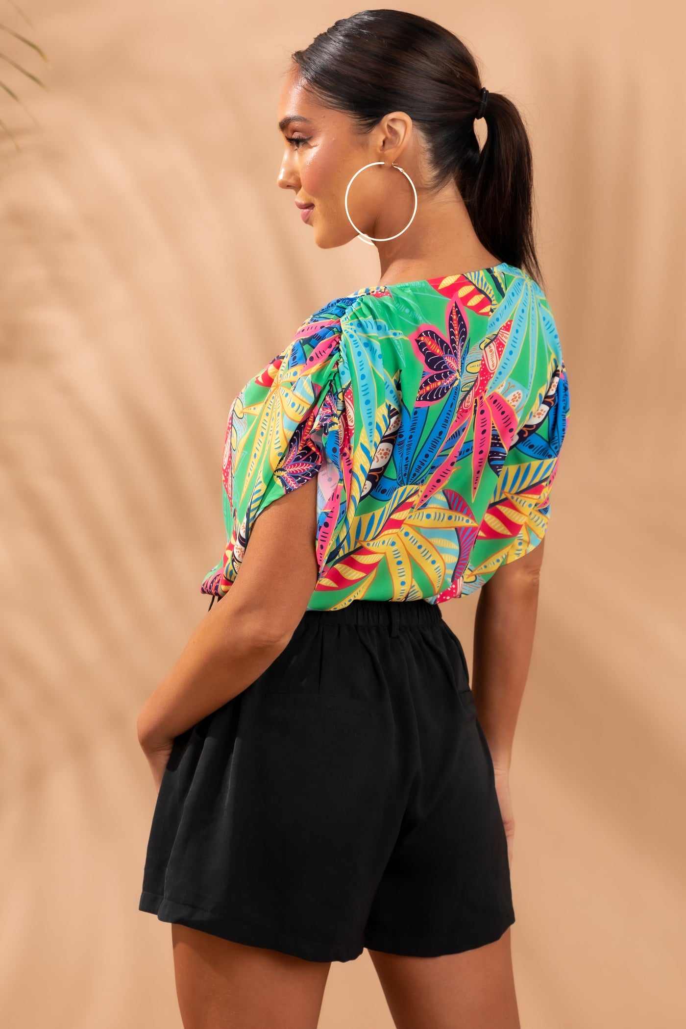 Dark Lime Tropical Print Surplice Bodysuit
