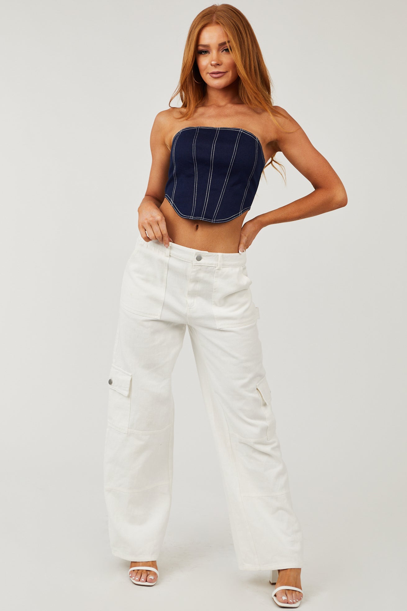 Dark Navy Contrast Stitch Strapless Corset Top