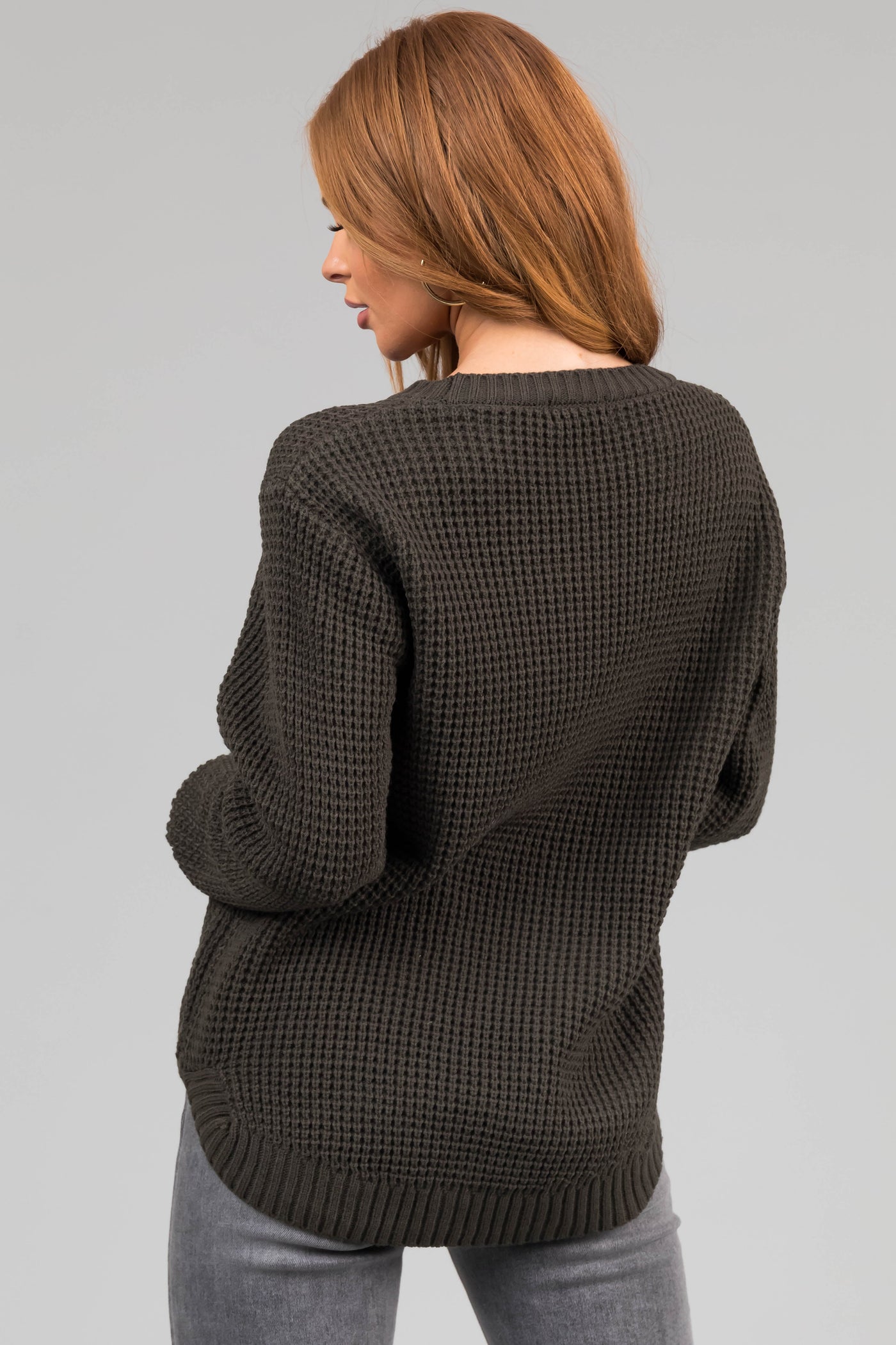 Dark Olive Thick Waffle Knit Curved Hem Sweater