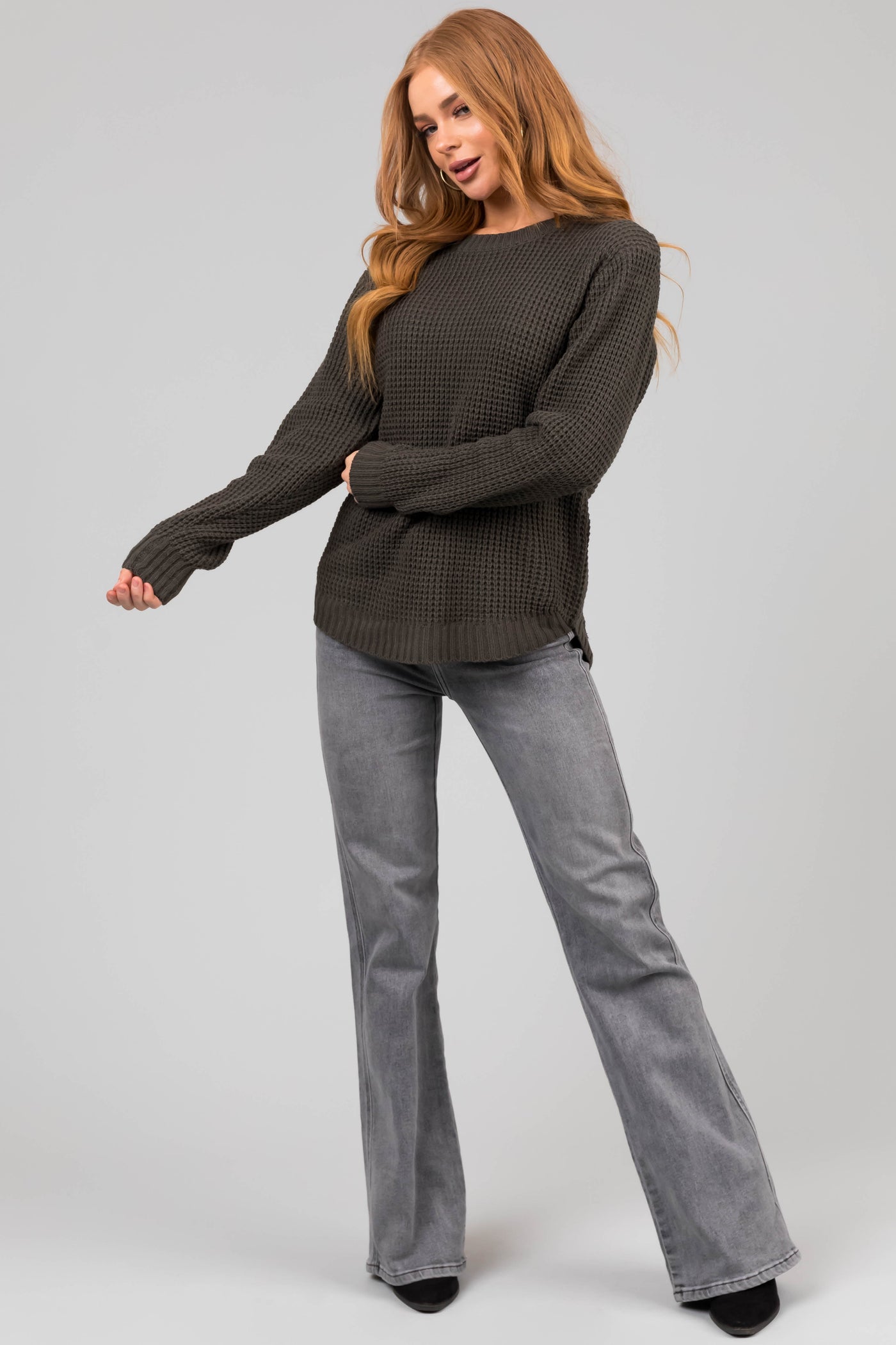 Dark Olive Thick Waffle Knit Curved Hem Sweater