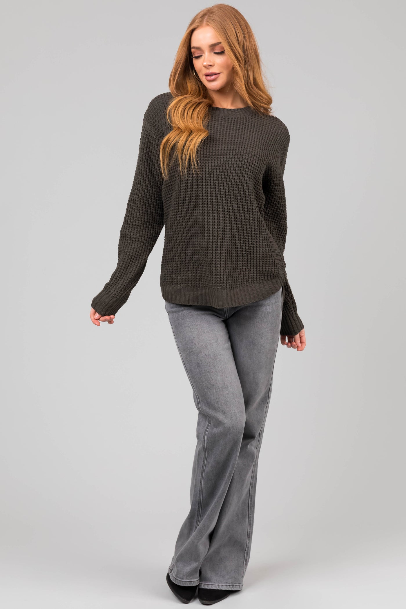 Dark Olive Thick Waffle Knit Curved Hem Sweater