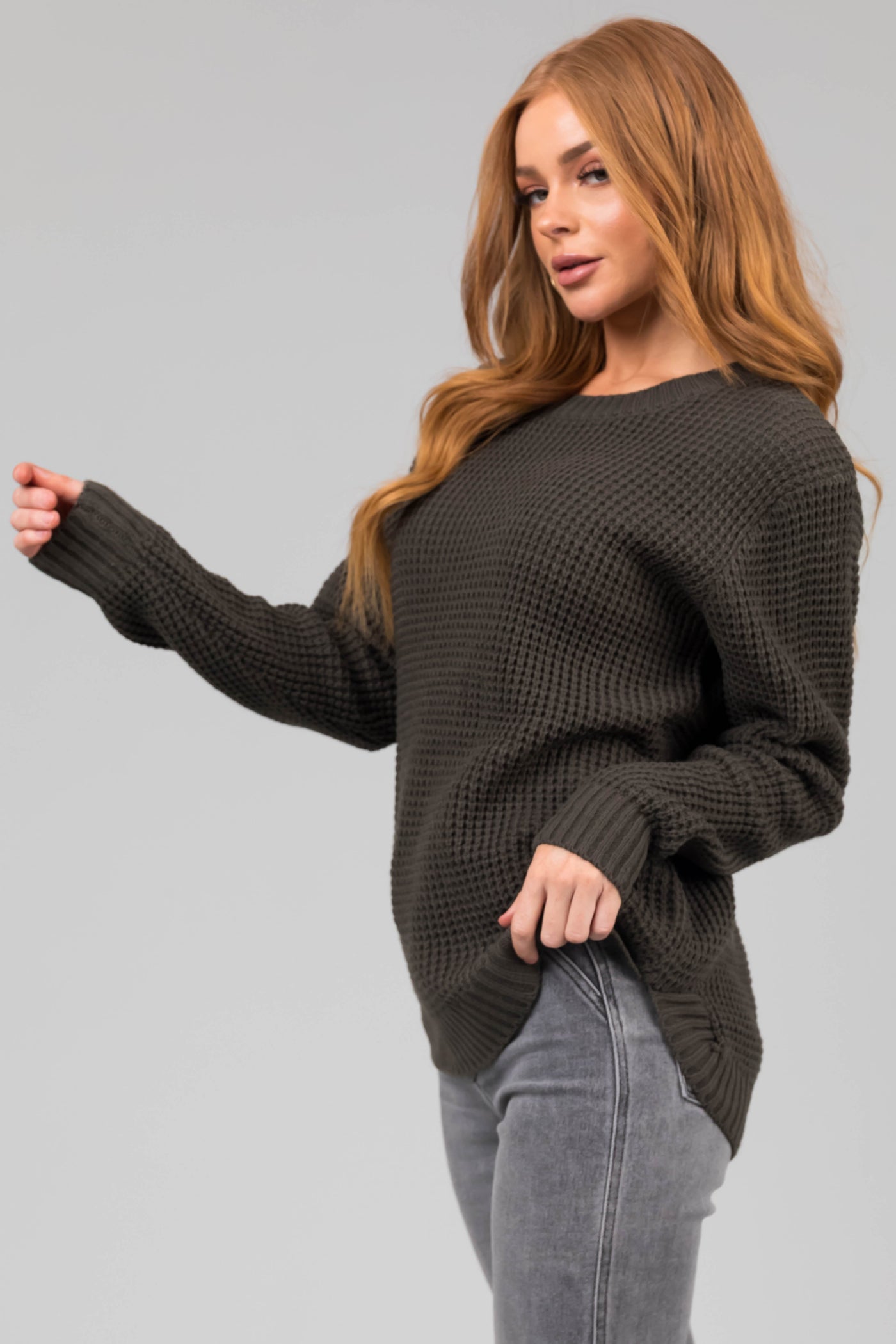 Dark Olive Thick Waffle Knit Curved Hem Sweater