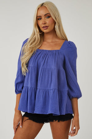 Dark Periwinkle Square Neck Tiered Gauze Blouse