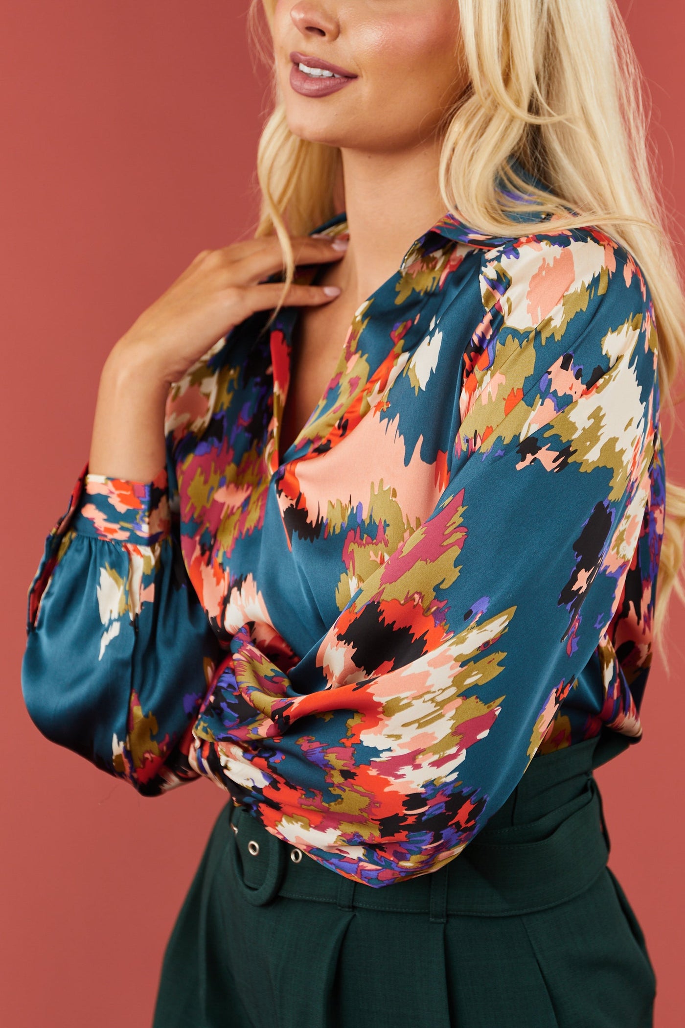 Dark Pine Abstract Print Collared Top