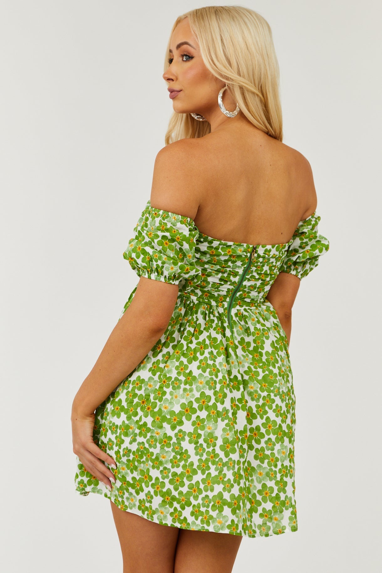 Dark Pistachio Floral Off the Shoulder Mini Dress