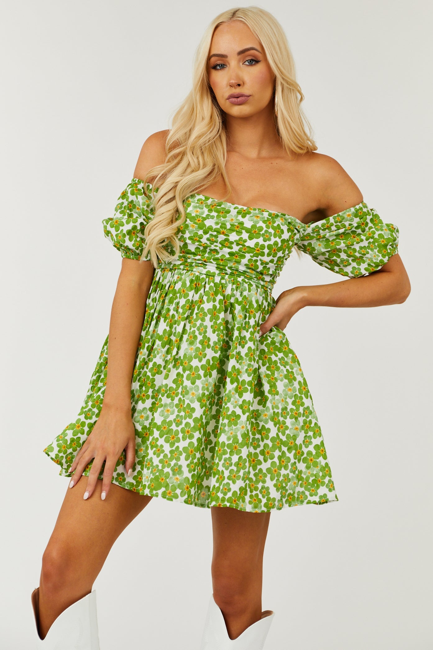Dark Pistachio Floral Off the Shoulder Mini Dress