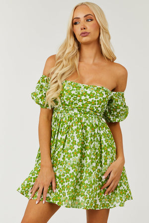 Dark Pistachio Floral Off the Shoulder Mini Dress