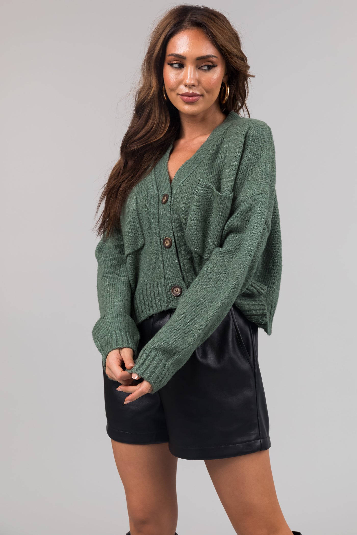 Dark Sage Button Up Long Sleeve Cardigan