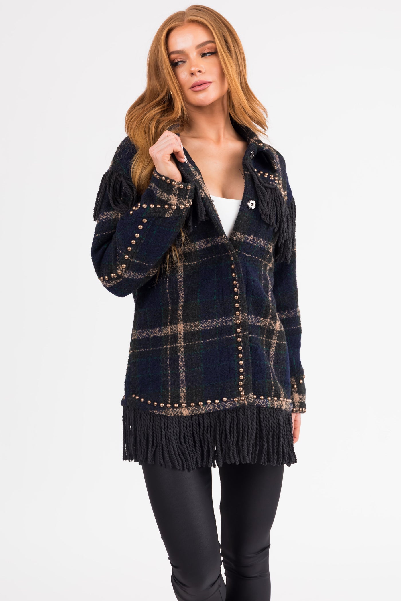 Dark Spruce Plaid Jacket with Fringe