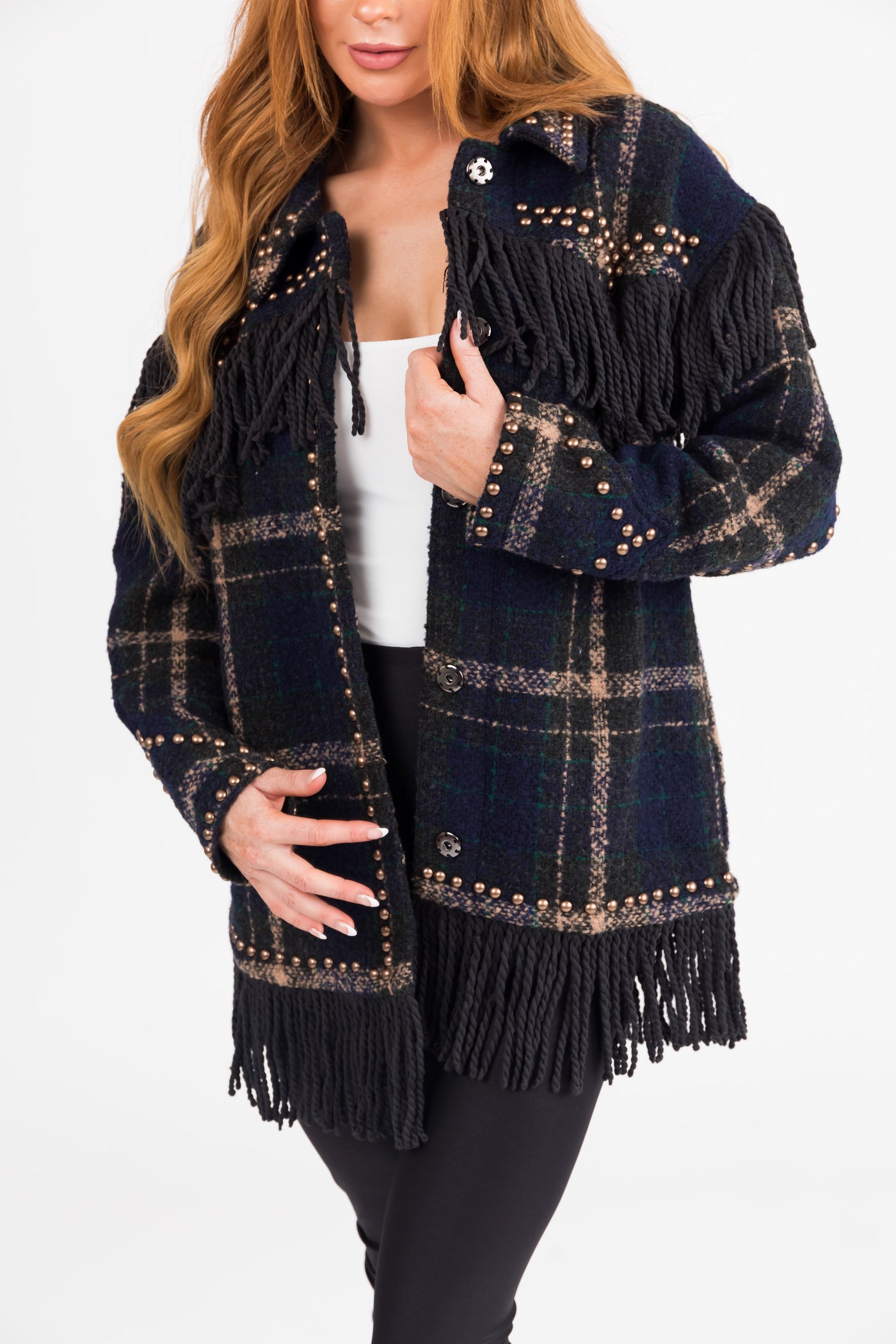 Dark Spruce Plaid Jacket with Fringe