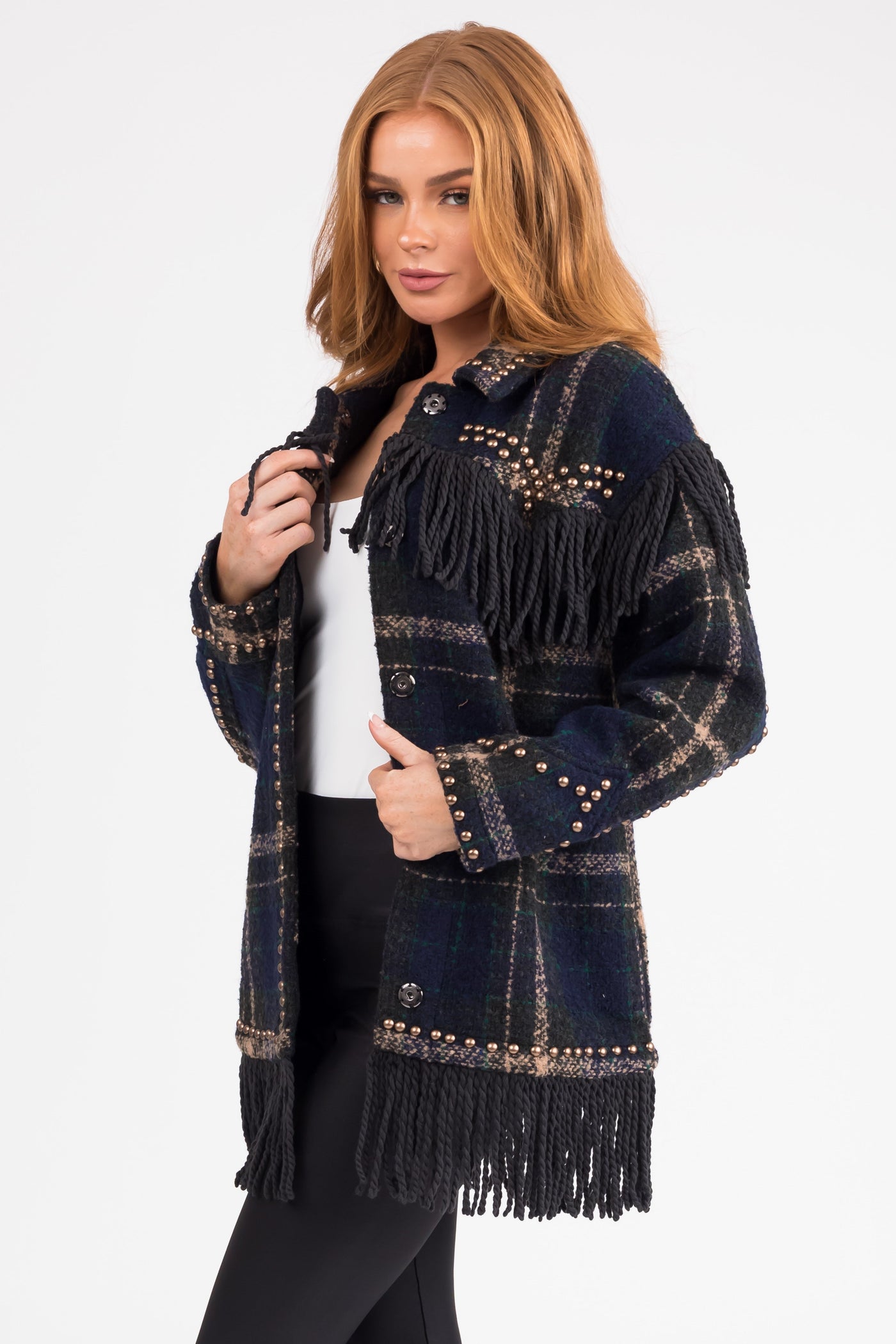 Dark Spruce Plaid Jacket with Fringe
