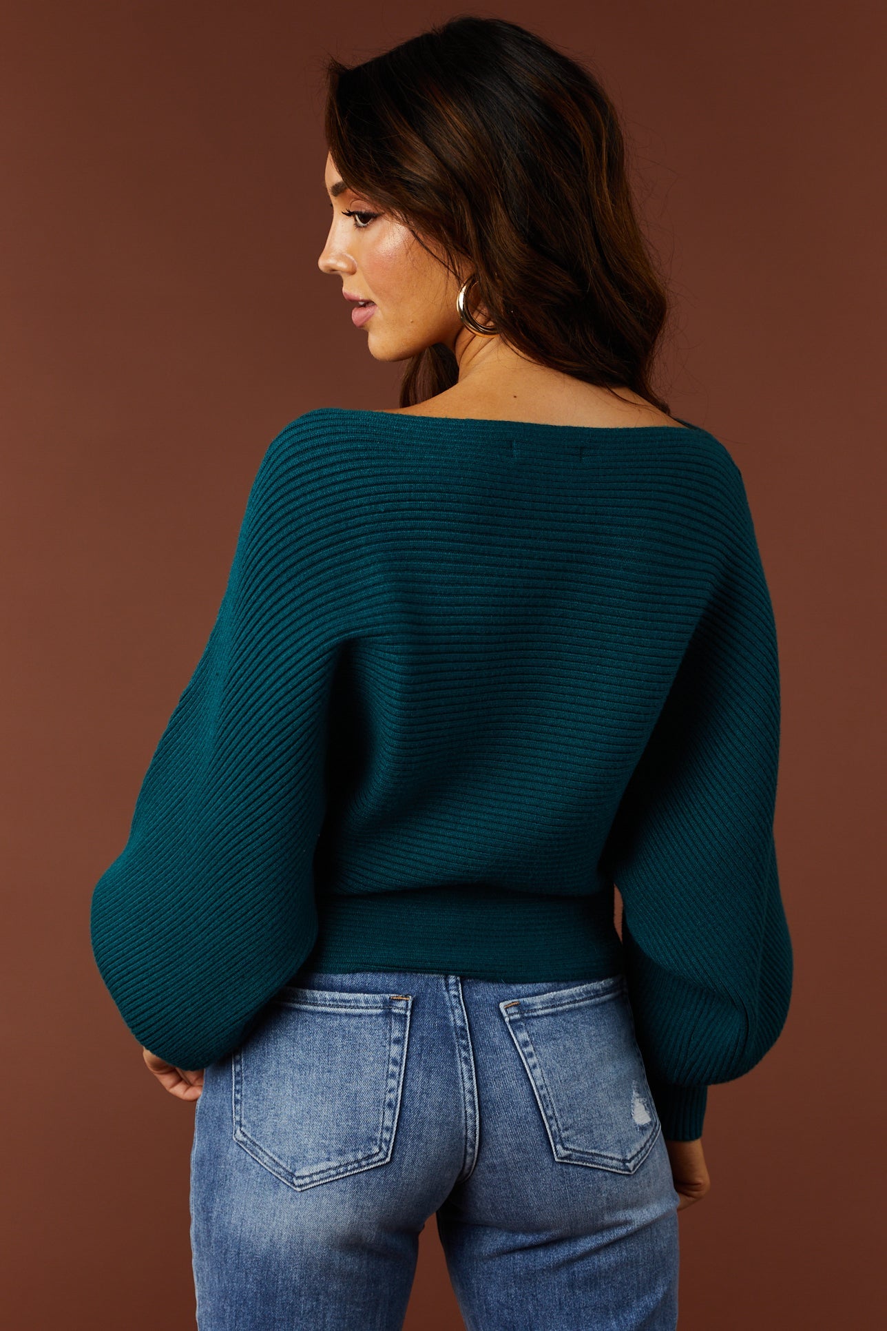 Dark Teal Boat Neckline Dolman Sleeve Sweater