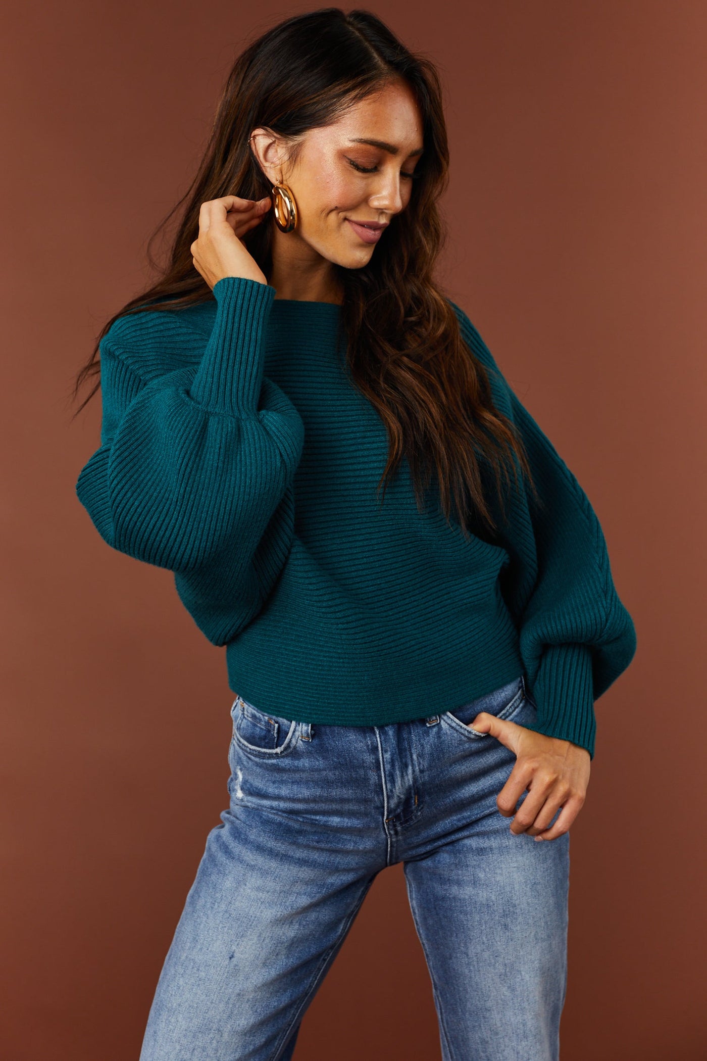 Dark Teal Boat Neckline Dolman Sleeve Sweater