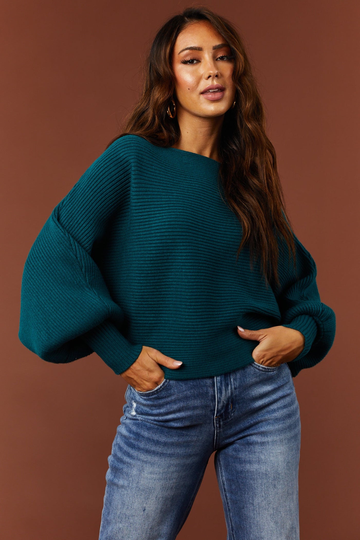Dark Teal Boat Neckline Dolman Sleeve Sweater