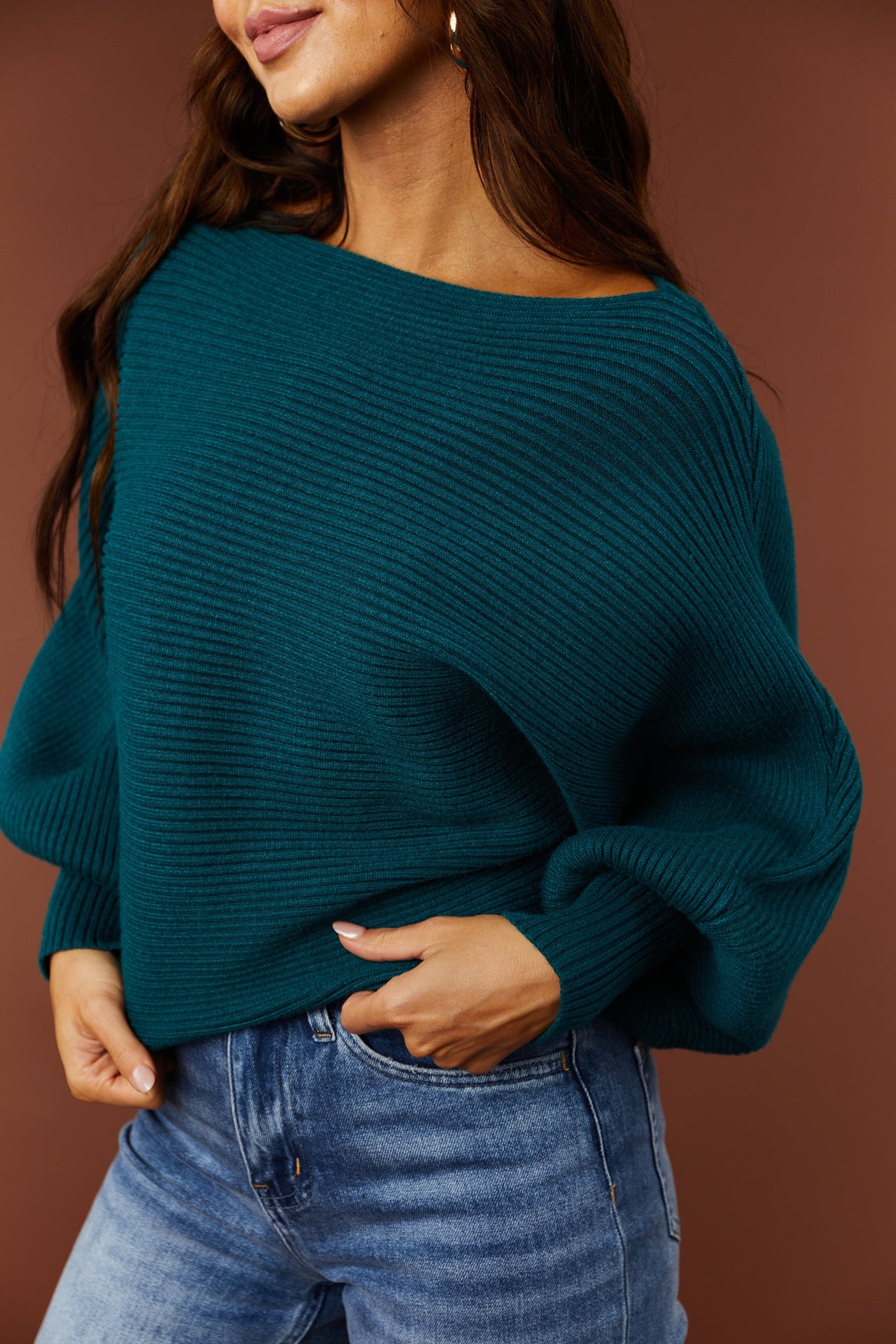 Dark Teal Boat Neckline Dolman Sleeve Sweater