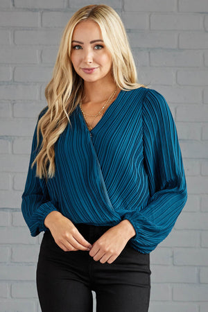 Dark Teal Surplice Long Sleeve Pleated Blouse