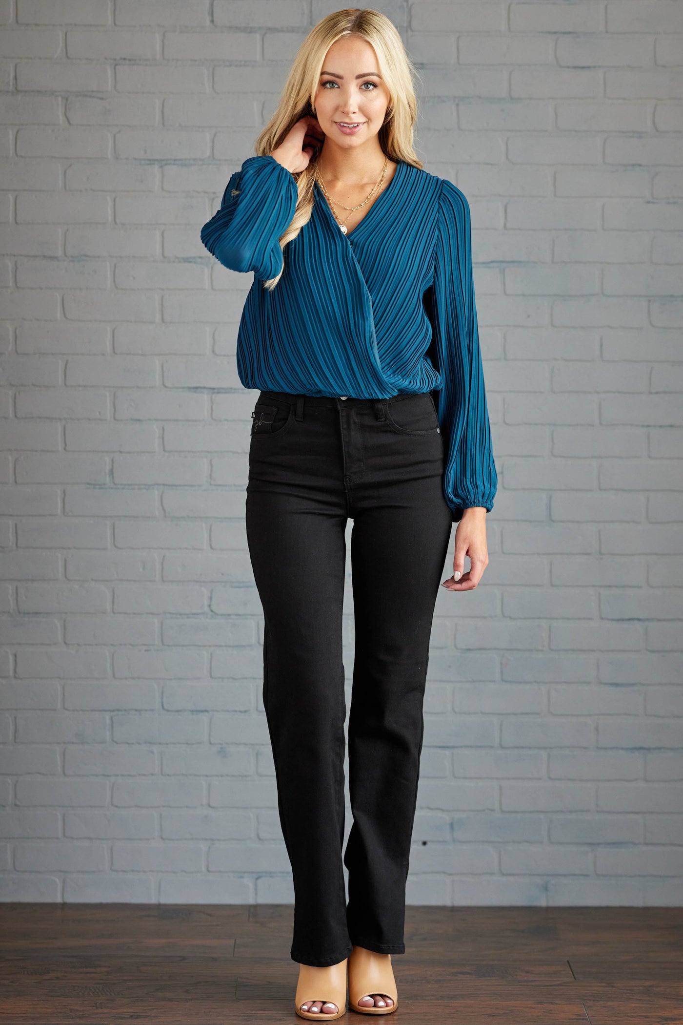 Dark Teal Surplice Long Sleeve Pleated Blouse