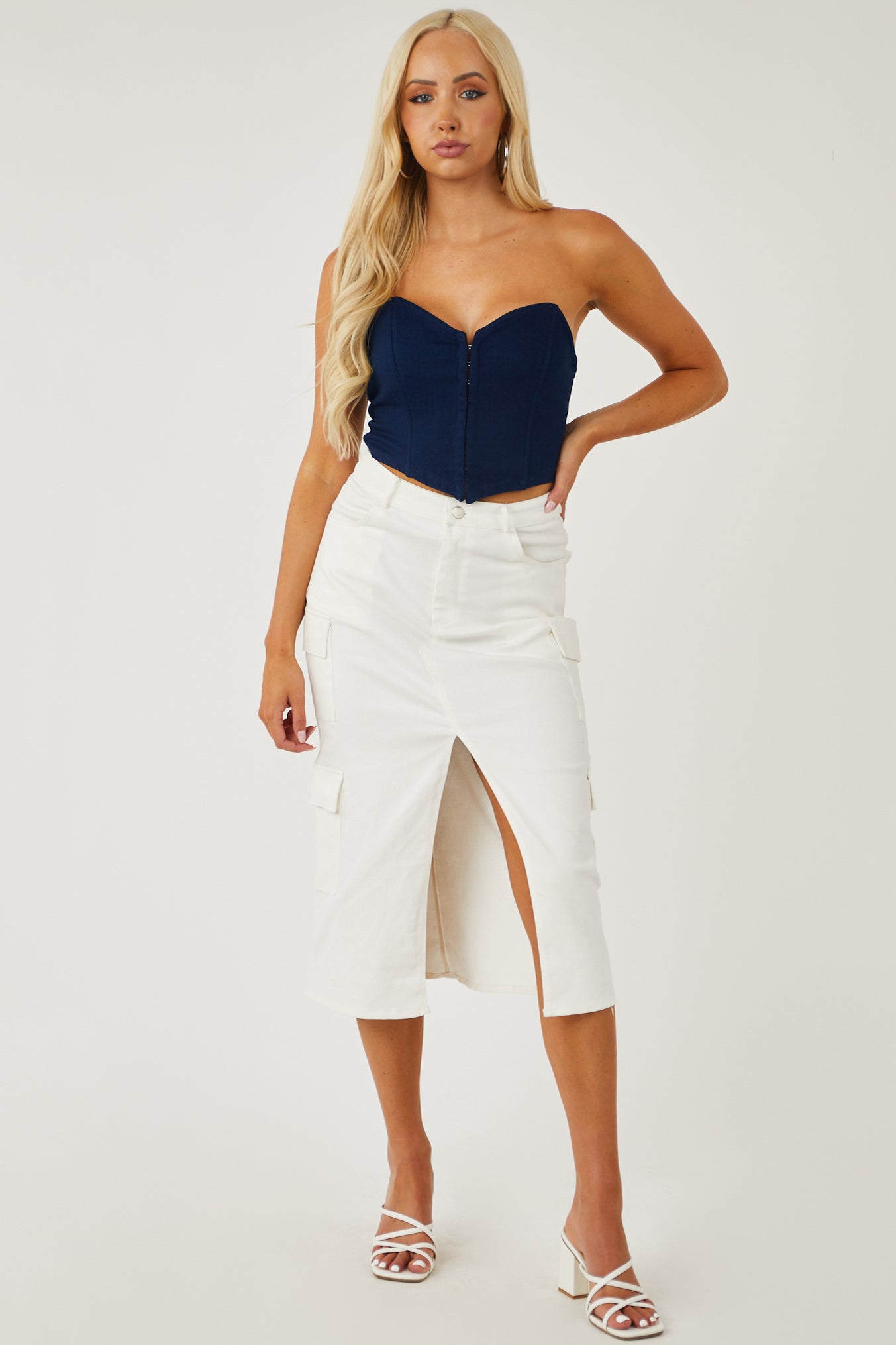 Dark Wash Denim Boning Strapless Crop Top