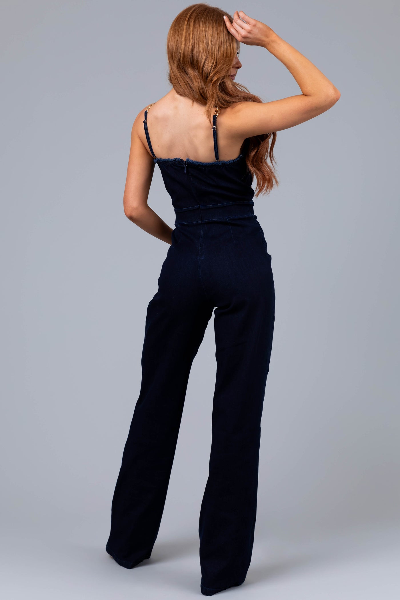 Dark Wash Denim Gold Chain Strap Jumpsuit
