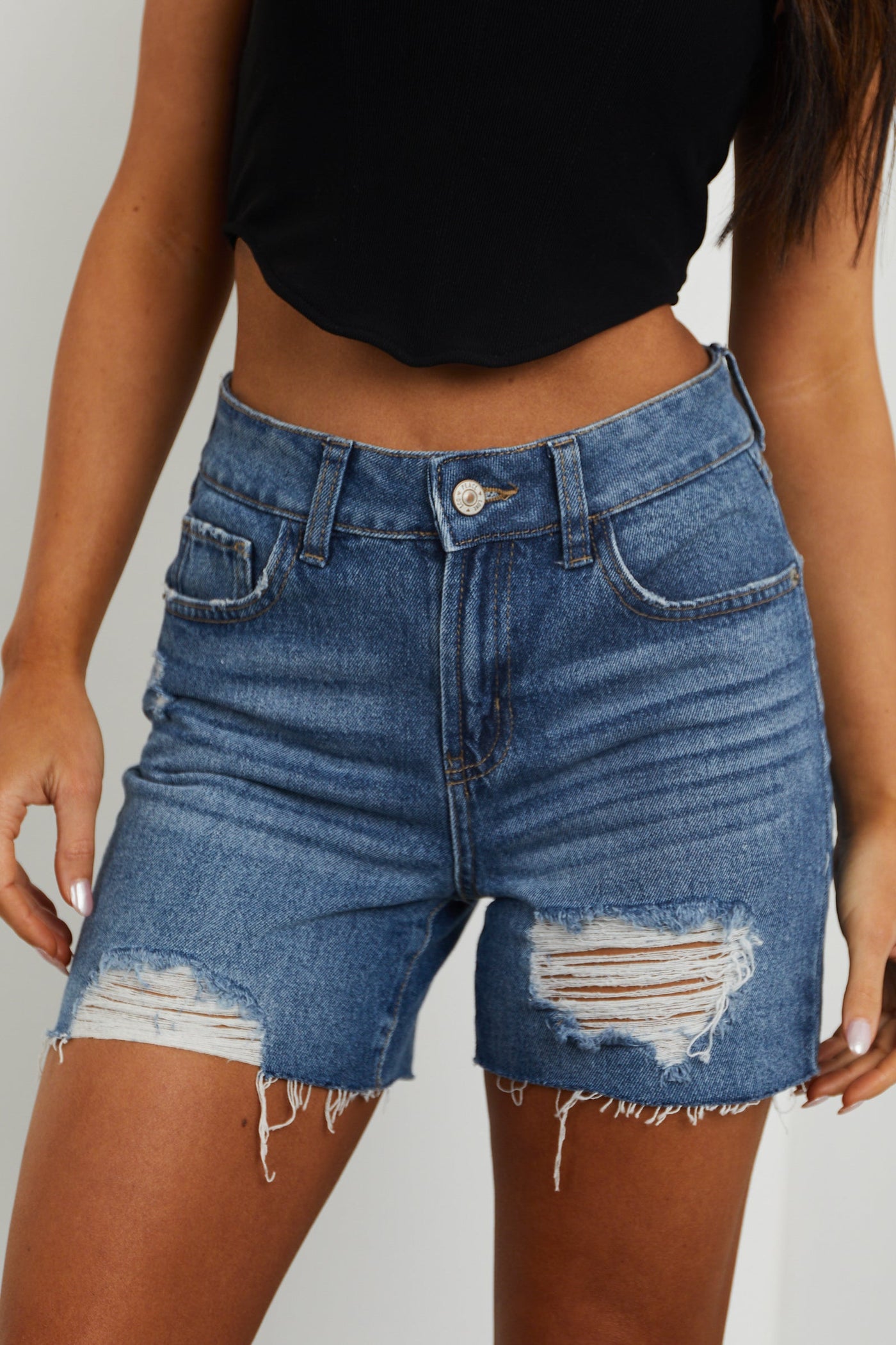 Dark Wash High Rise Boyfriend Fit Denim Shorts