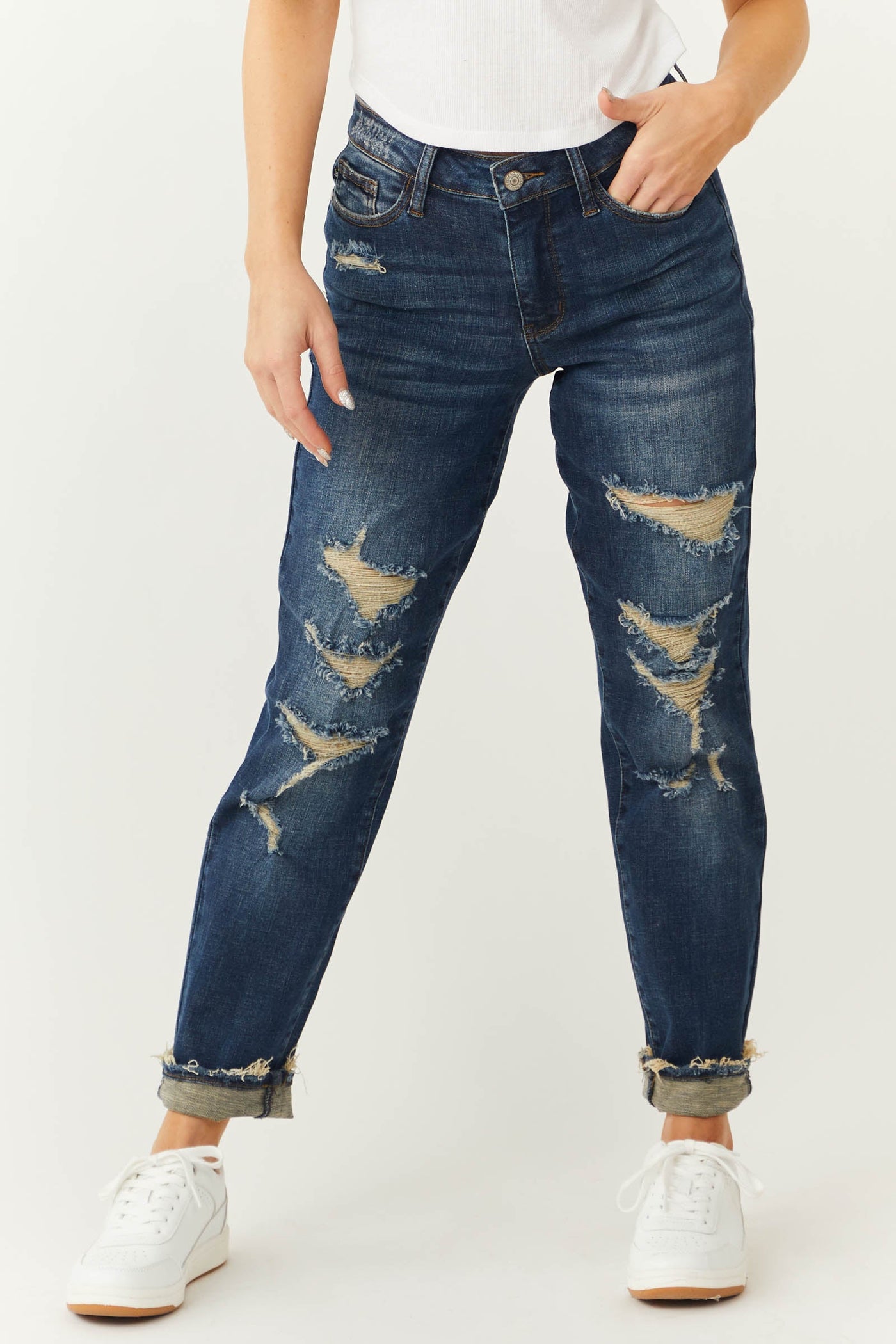 Dark Wash High Rise Distressed Boyfriend Jeans