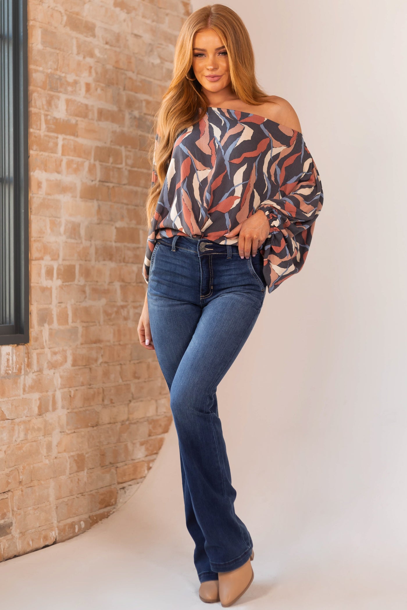 Dark Wash High Rise Double Button Bootcut Jeans