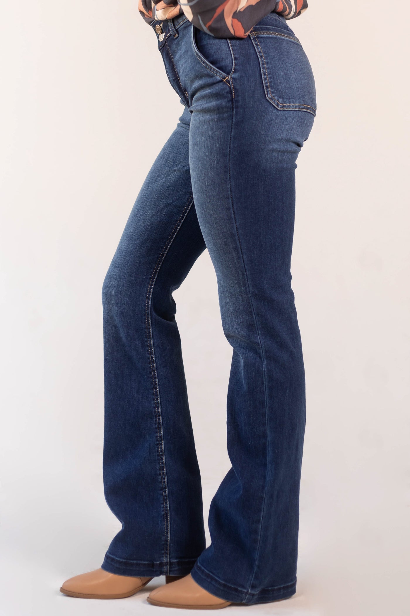 Dark Wash High Rise Double Button Bootcut Jeans